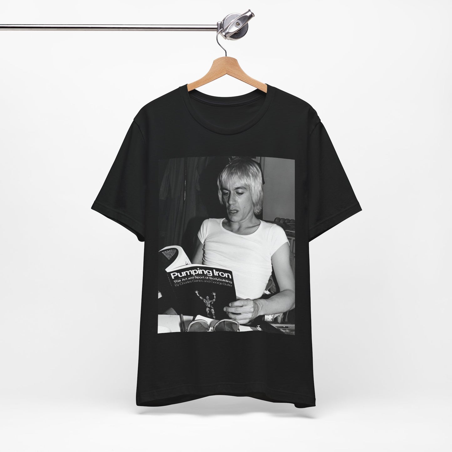 A black graphic t-shirt featuring a 70s classic photo of Iggy Pop and The Stooges.