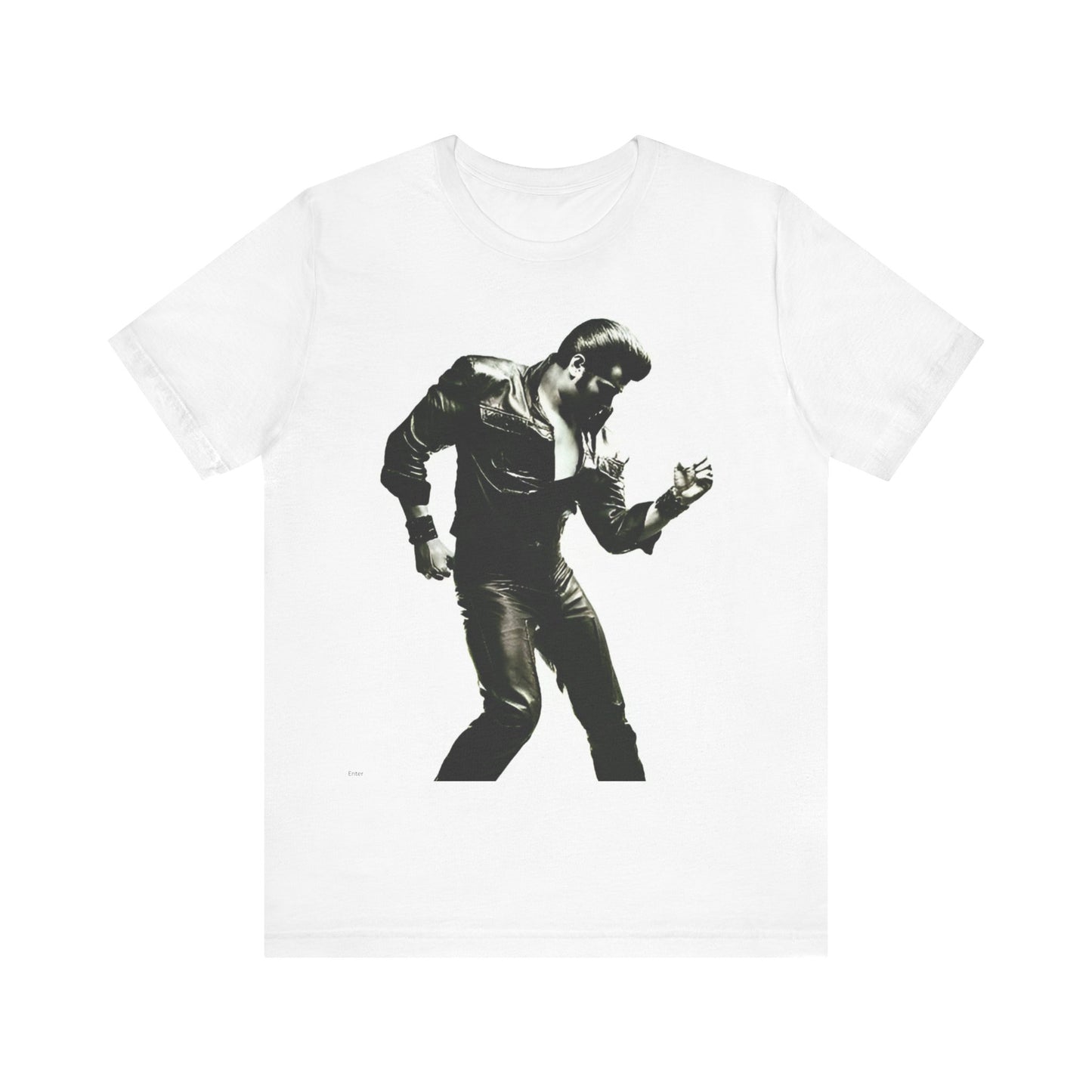 A black graphic t-shirt featuring a retro black and white monochrome photo or graphic of Elvis Presley.