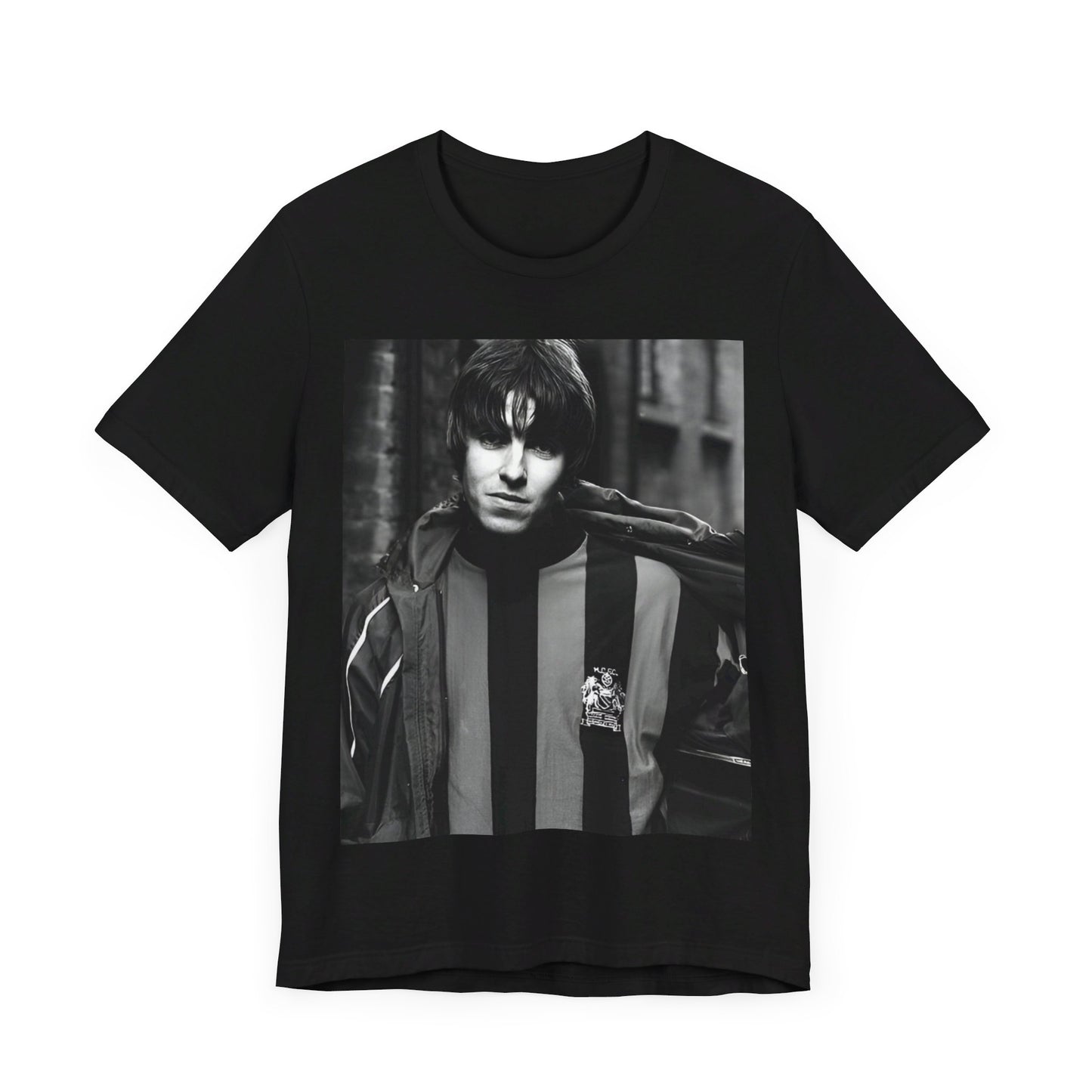 A black graphic t-shirt featuring a photo of Liam Gallagher from Oasis, showing his support for Manchester City.