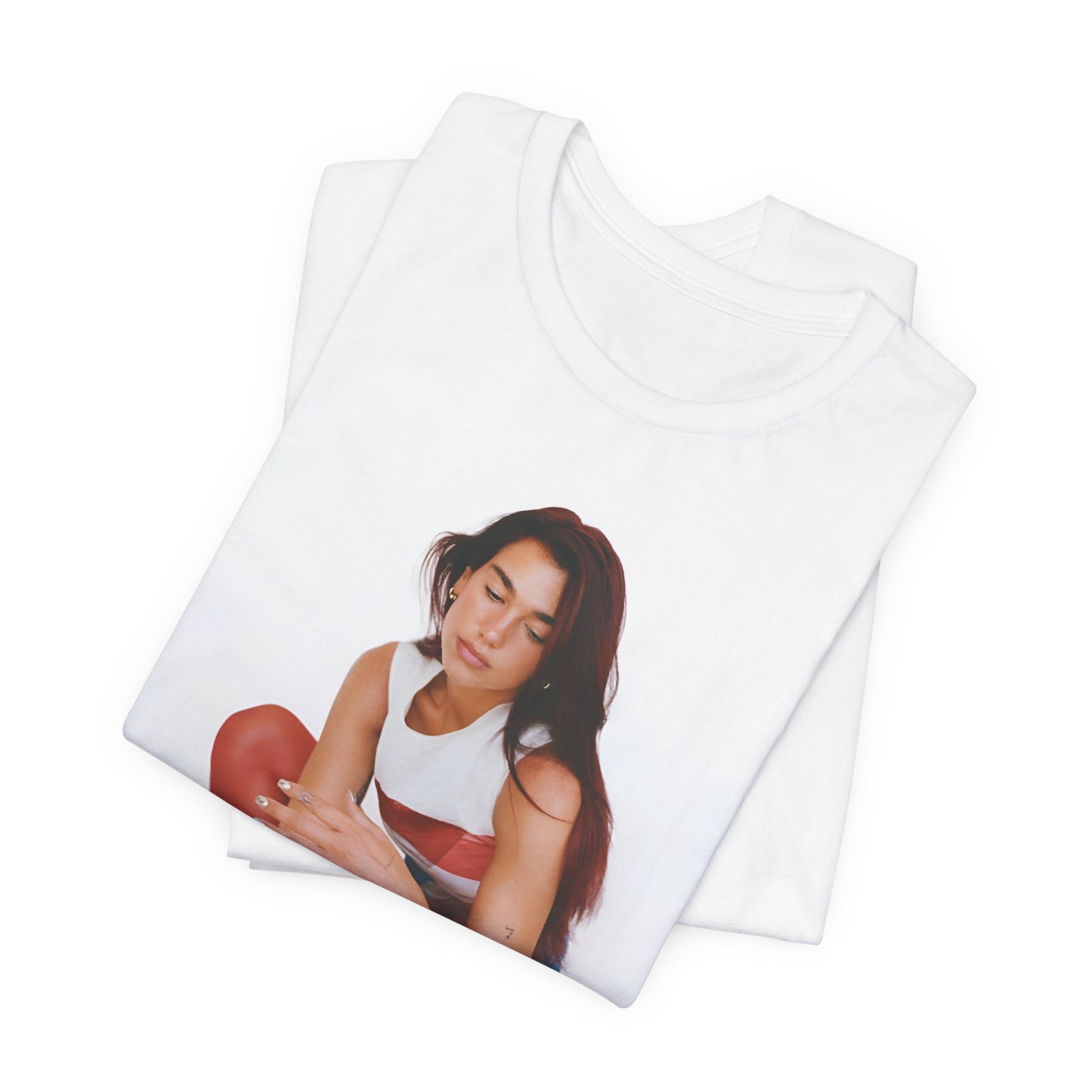 A black graphic t-shirt featuring a graphic of Dua Lipa with a chill pop vibe, designed for comfort.