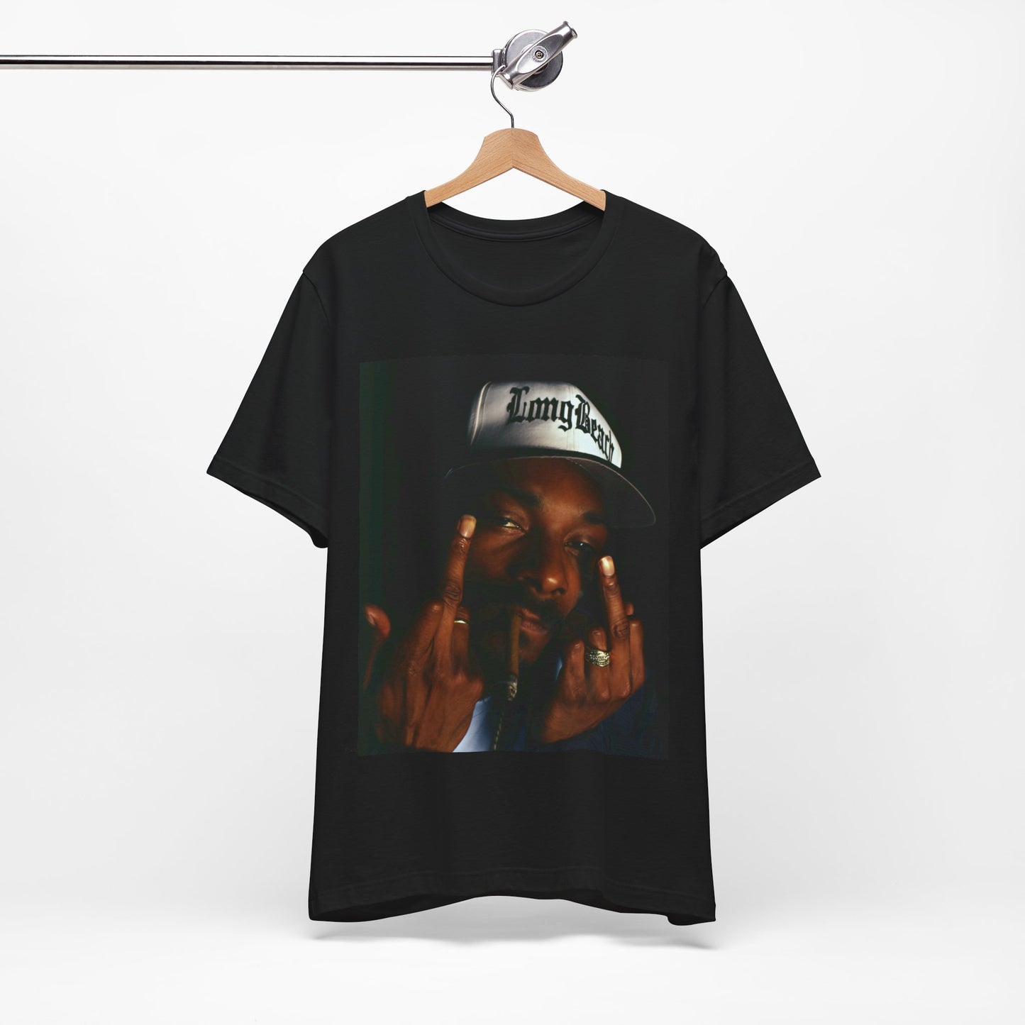 A black graphic t-shirt featuring a graphic of Snoop Dogg giving the middle finger.
