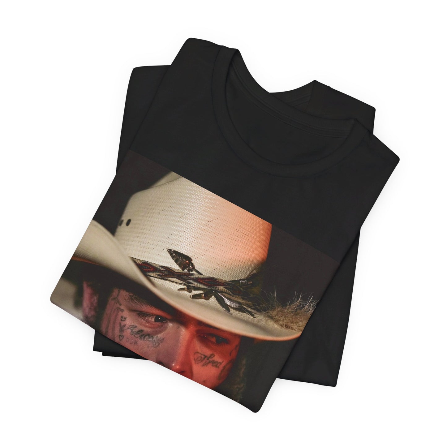 A black graphic t-shirt featuring a graphic of Post Malone wearing a cowboy hat.