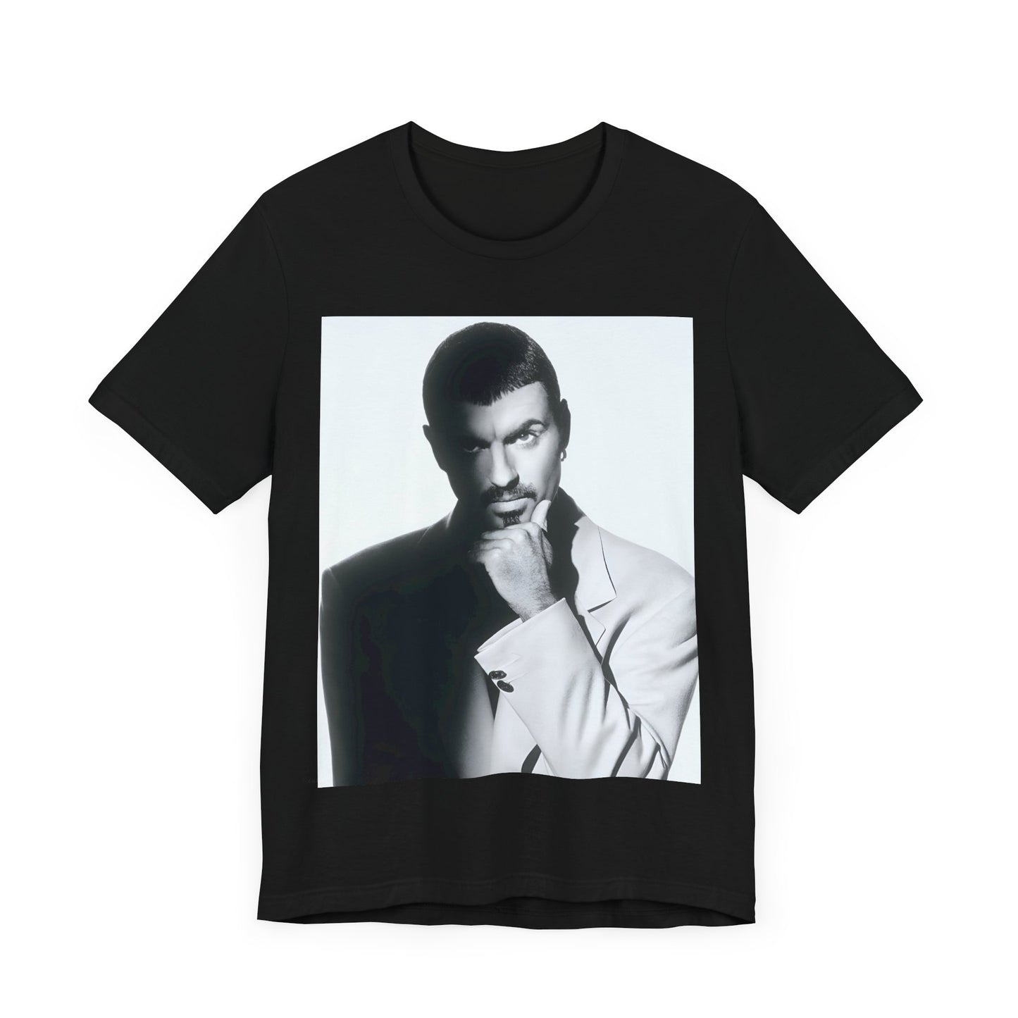 A black graphic t-shirt featuring a 90s aesthetic graphic of George Michael.