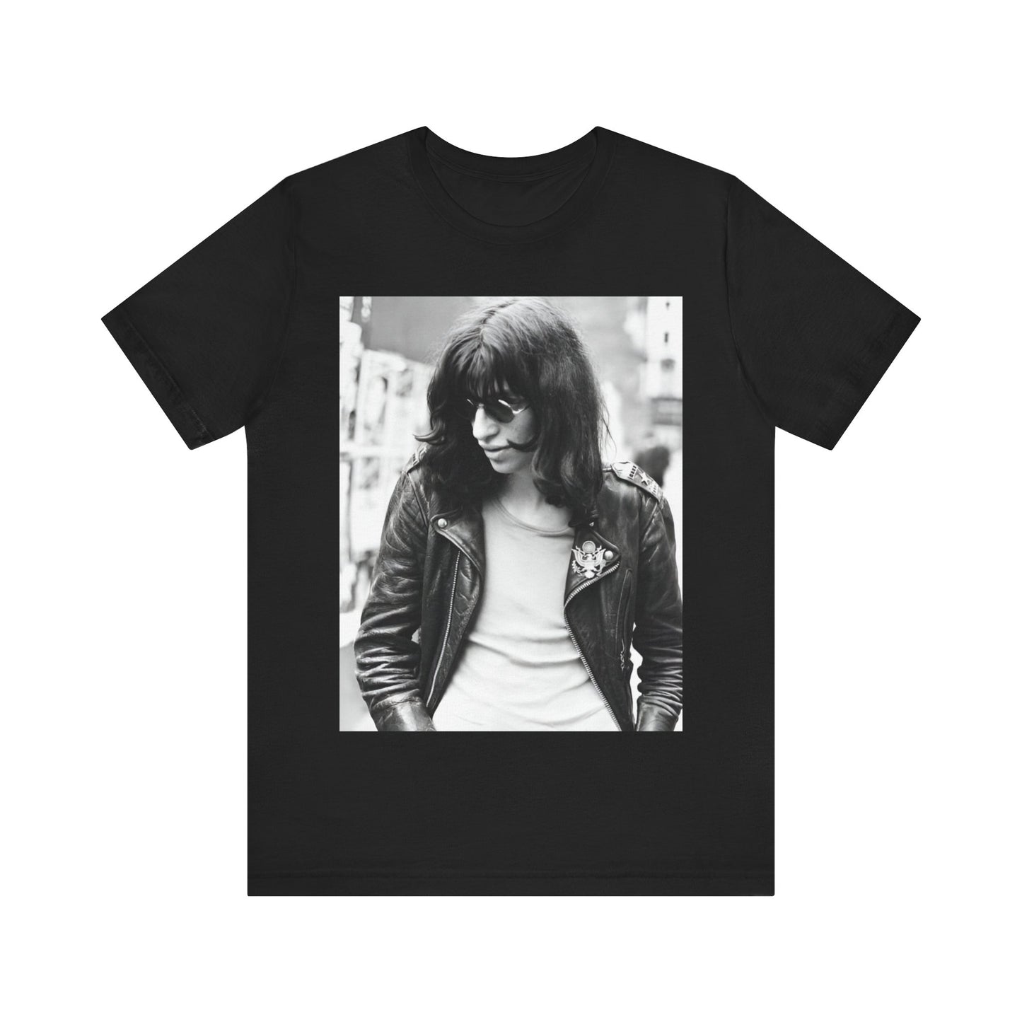 A black graphic t-shirt featuring a graphic of Joey Ramone from Ramones as a punk rock legend.