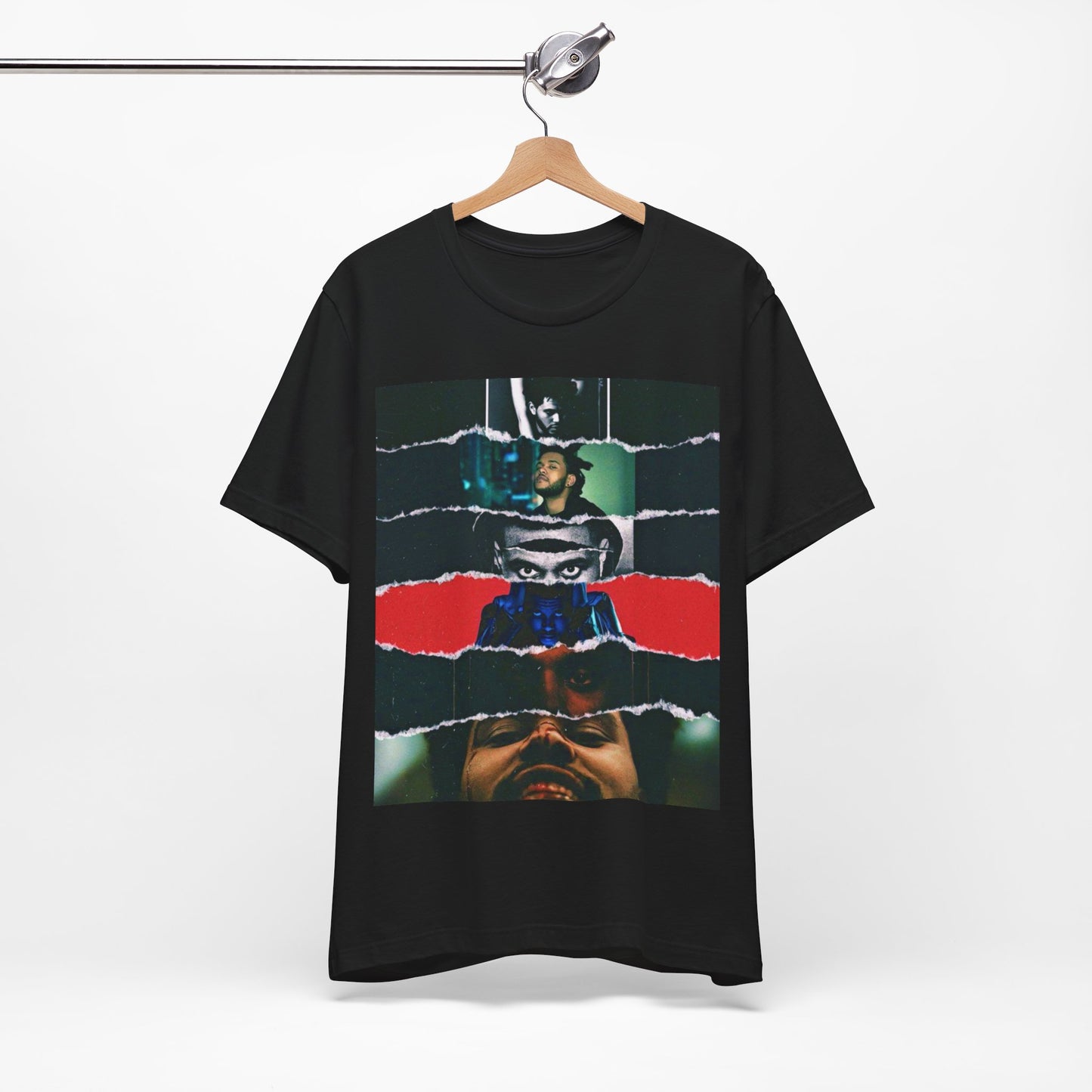 A black graphic t-shirt featuring a graphic representing different aesthetic eras of The Weeknd.