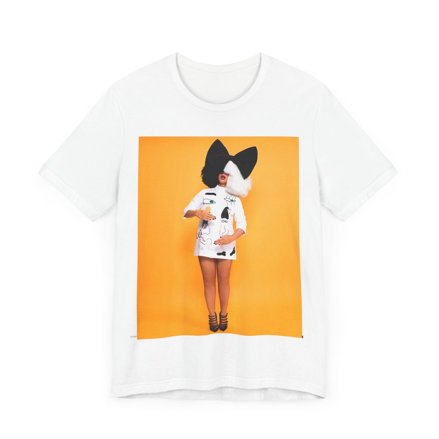 A black graphic t-shirt featuring a graphic of Sia as an art pop visionary.