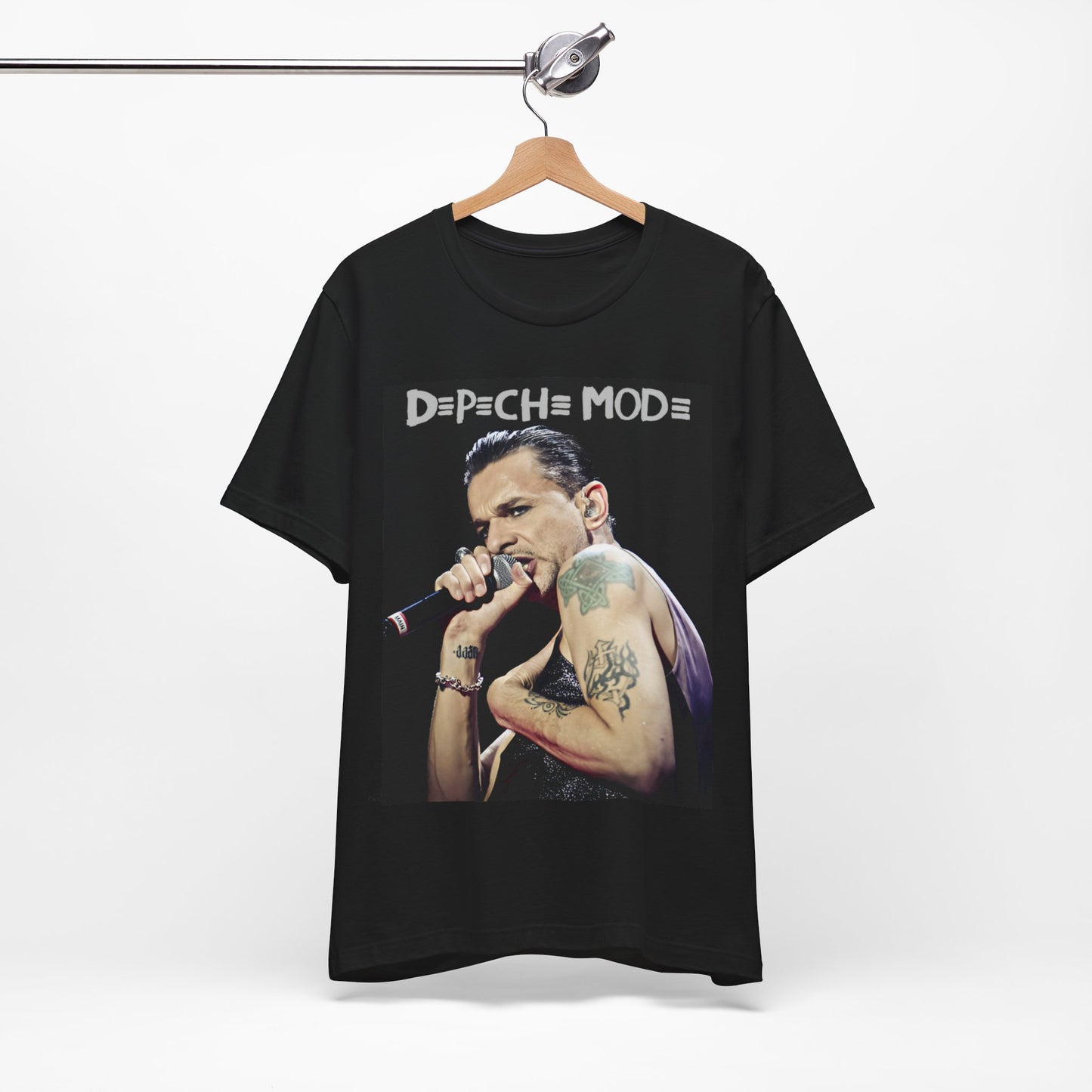 A black graphic t-shirt featuring a graphic of Dave Gahan from Depeche Mode, emphasizing his dynamic stage presence.