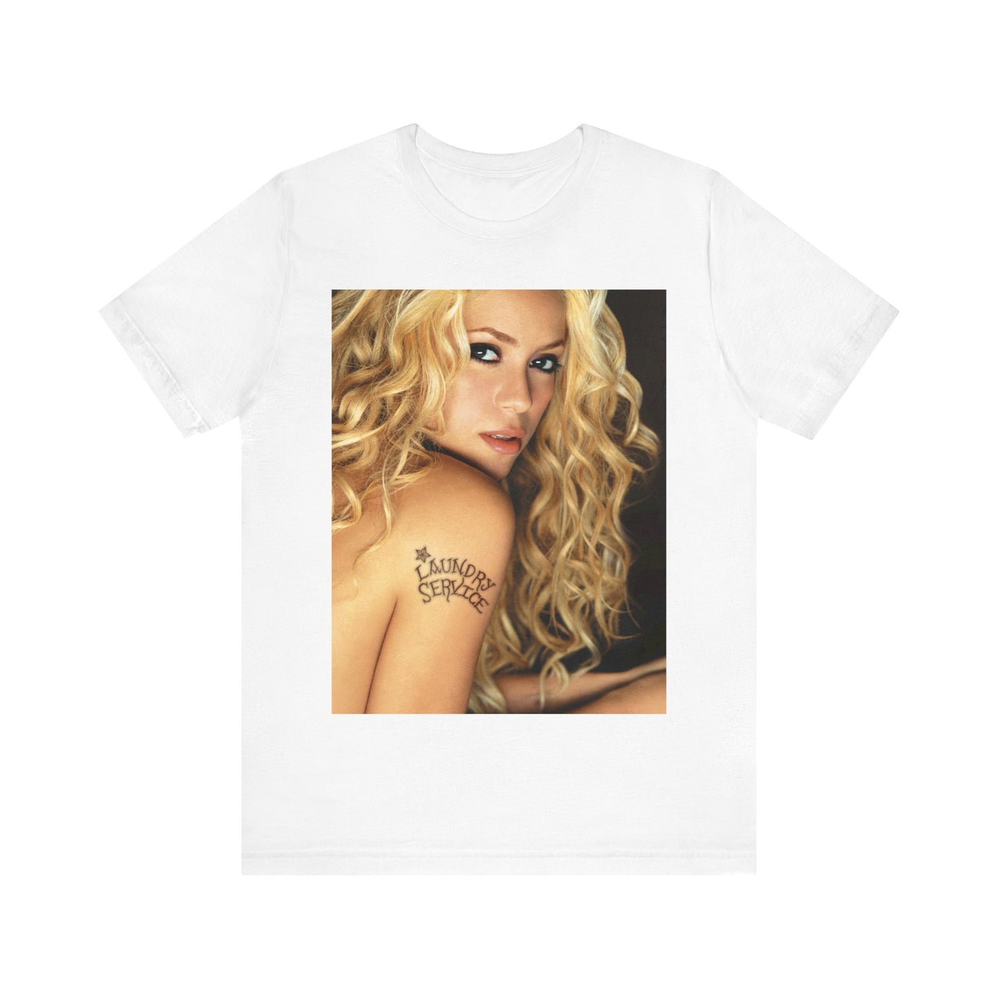 A black graphic t-shirt featuring a glamorous portrait graphic of Shakira.