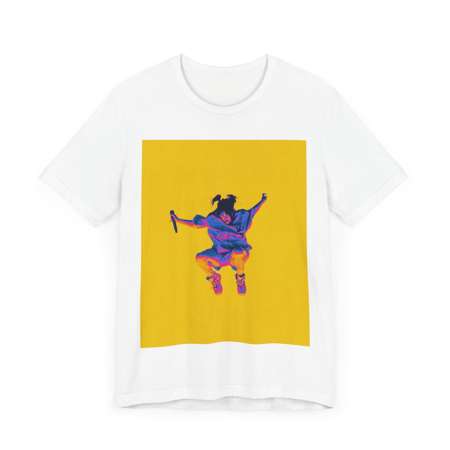 A stylized graphic of Billie Eilish jumping in the air with a microphone, rendered with psychedelic thermal colors against a solid yellow background.