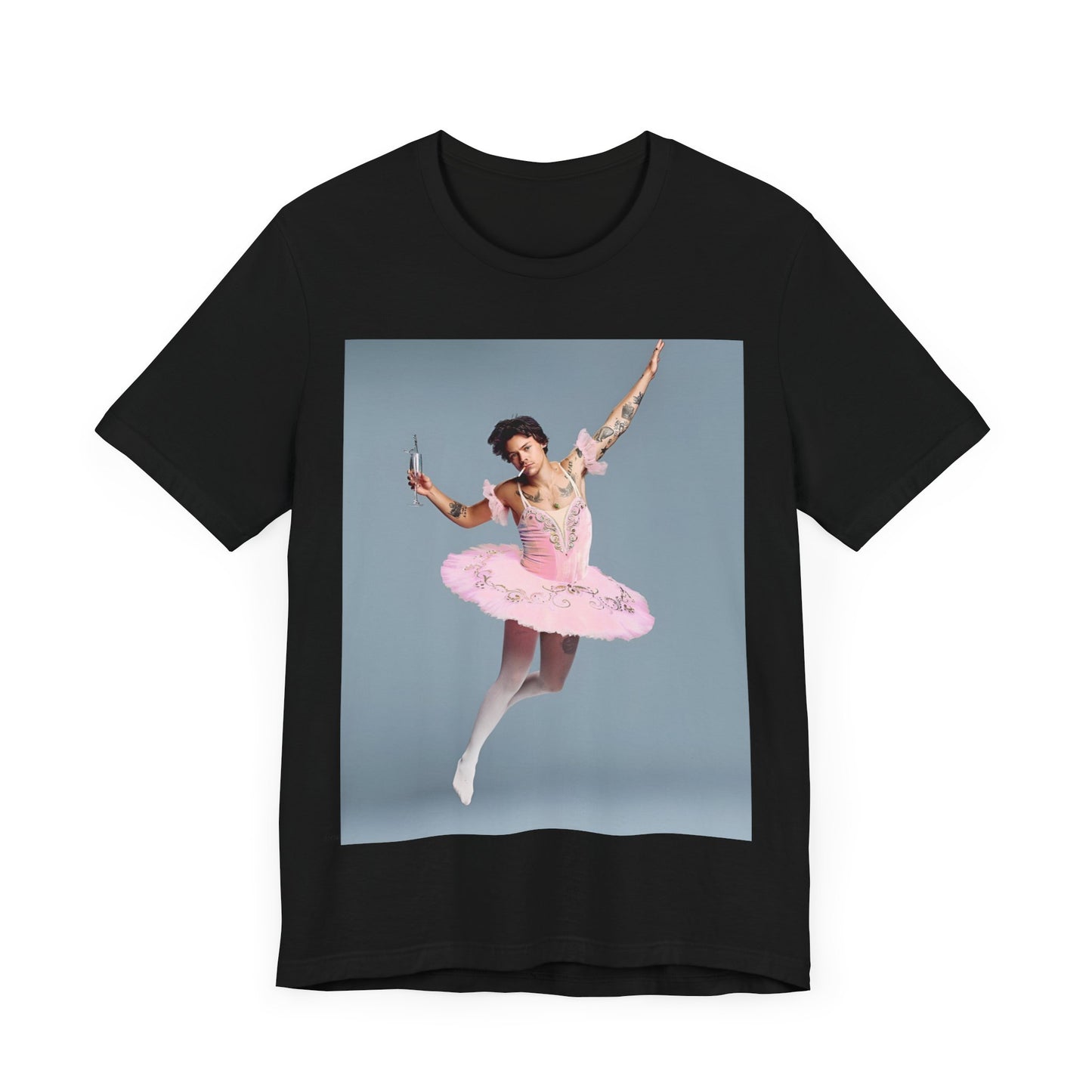 A black graphic t-shirt featuring a photo of Harry Styles in a ballet pose or setting.