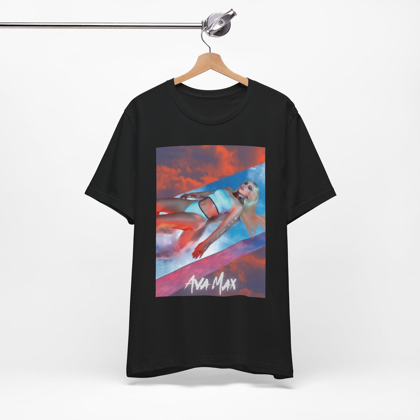 A black graphic t-shirt featuring a neon pop art style graphic of Ava Max, with bright, glowing colors.