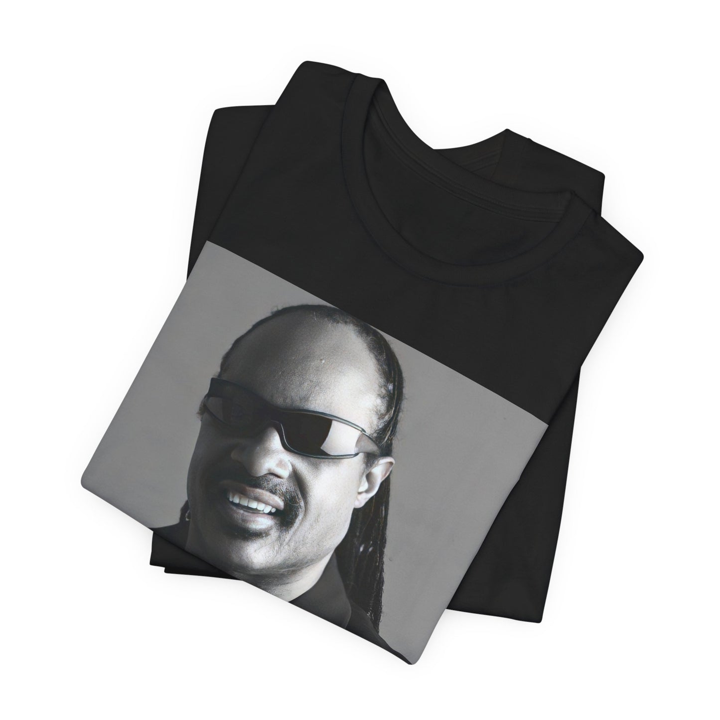 A black graphic t-shirt featuring a classic Motown legend black and white graphic of Stevie Wonder.