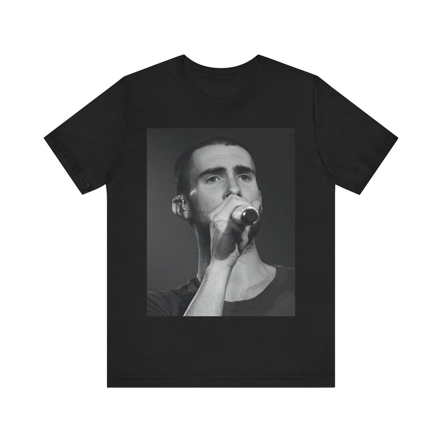 A rare, vintage black and white photo of a very young Maroon 5, from their early garage band days, printed on a t-shirt.