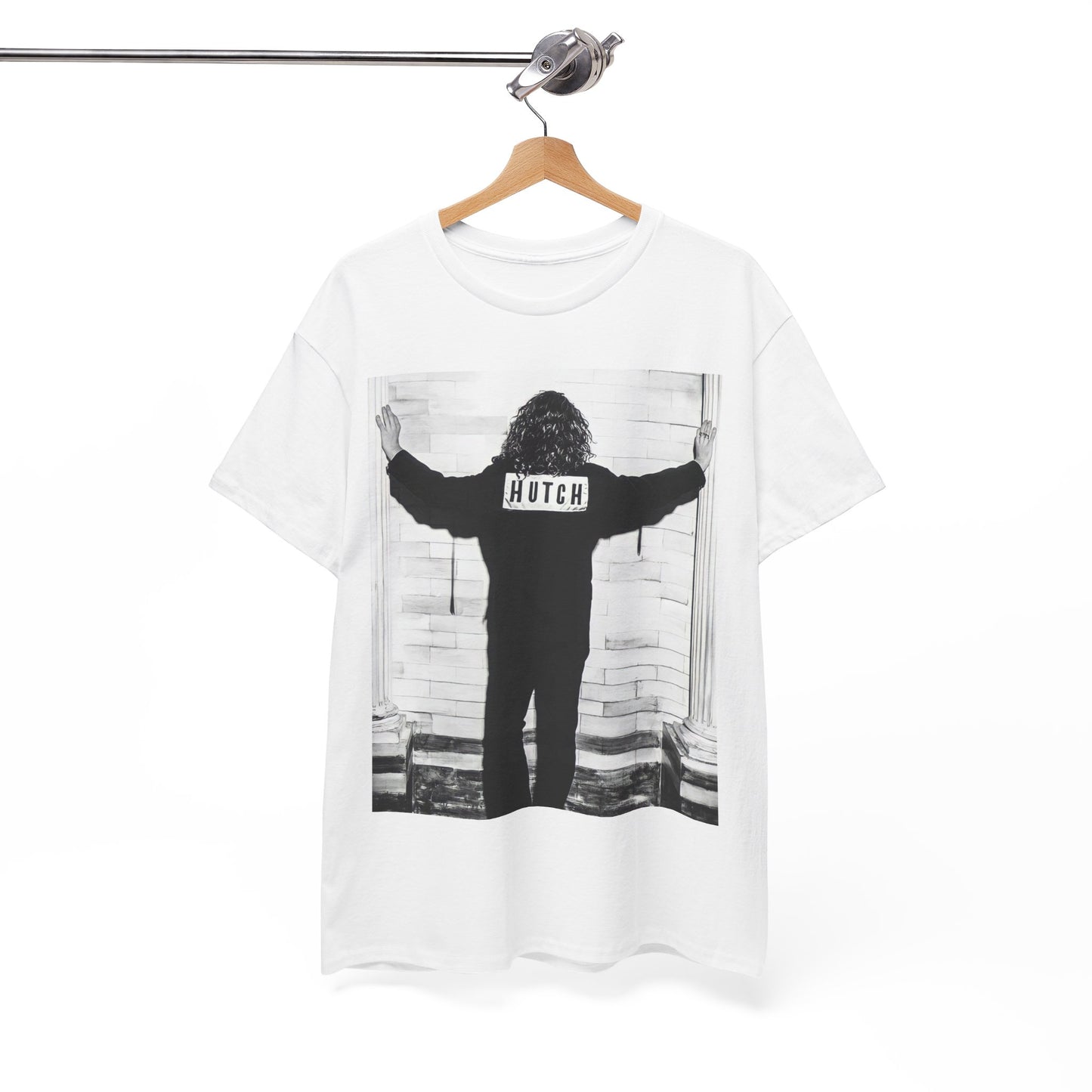 A black graphic t-shirt featuring a graphic of Michael Hutchence from INXS, labeled 'Hutch'.