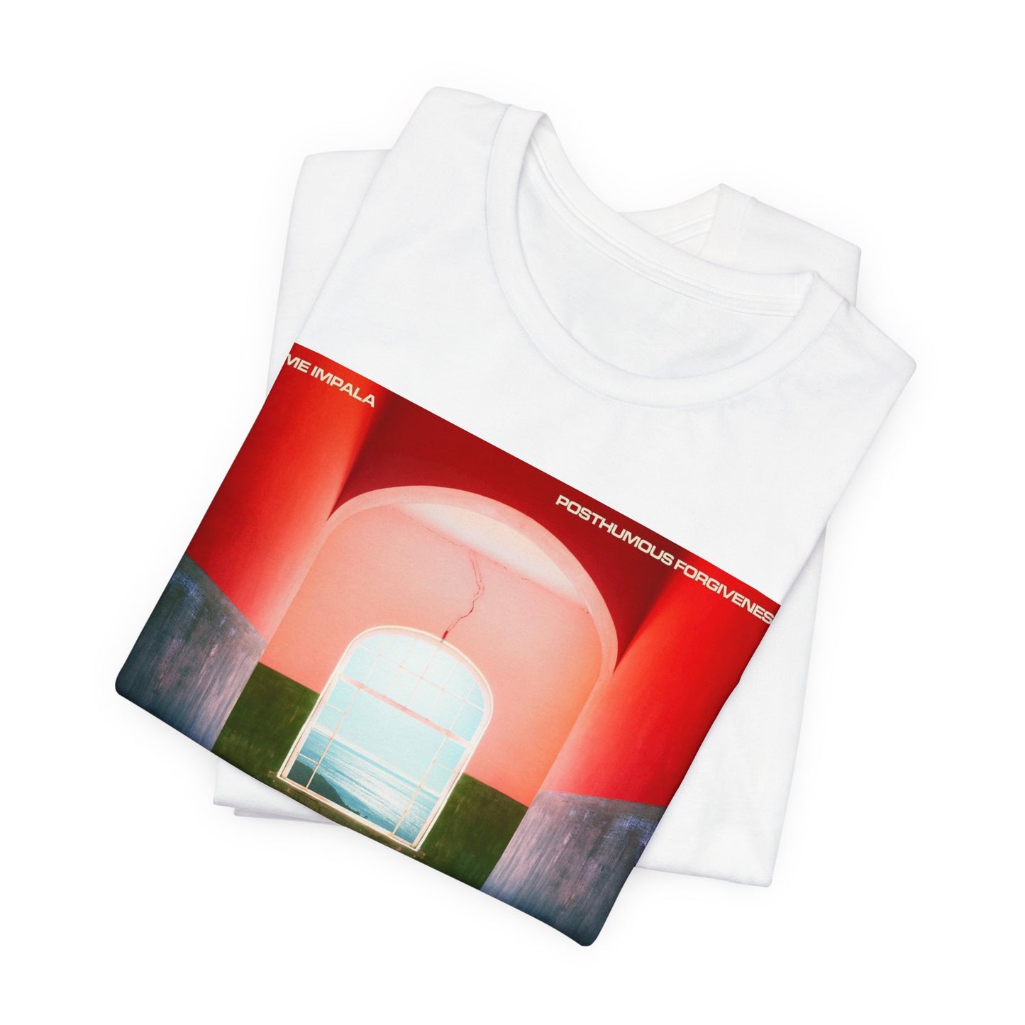 A black graphic t-shirt featuring a graphic related to Tame Impala's song 'Posthumous Forgiveness'.