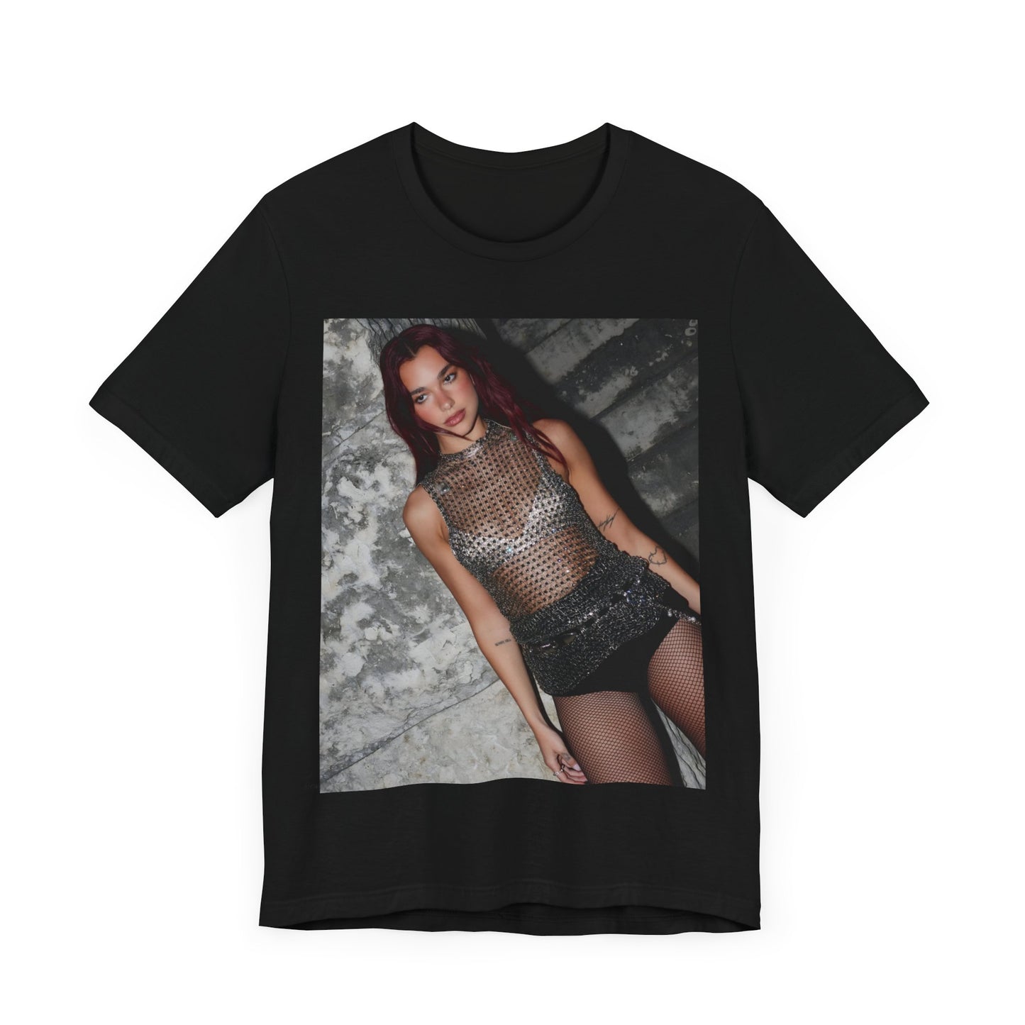A black graphic t-shirt featuring a graphic of Dua Lipa as a disco queen, with an aesthetic design.