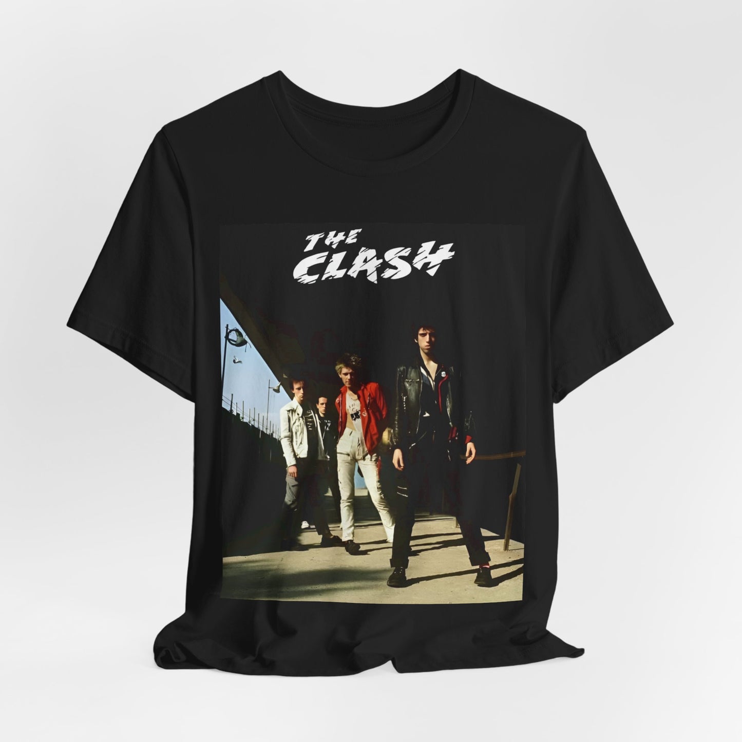 A black graphic t-shirt featuring a retro graphic related to The Clash's 'Rock the Casbah' song or era.