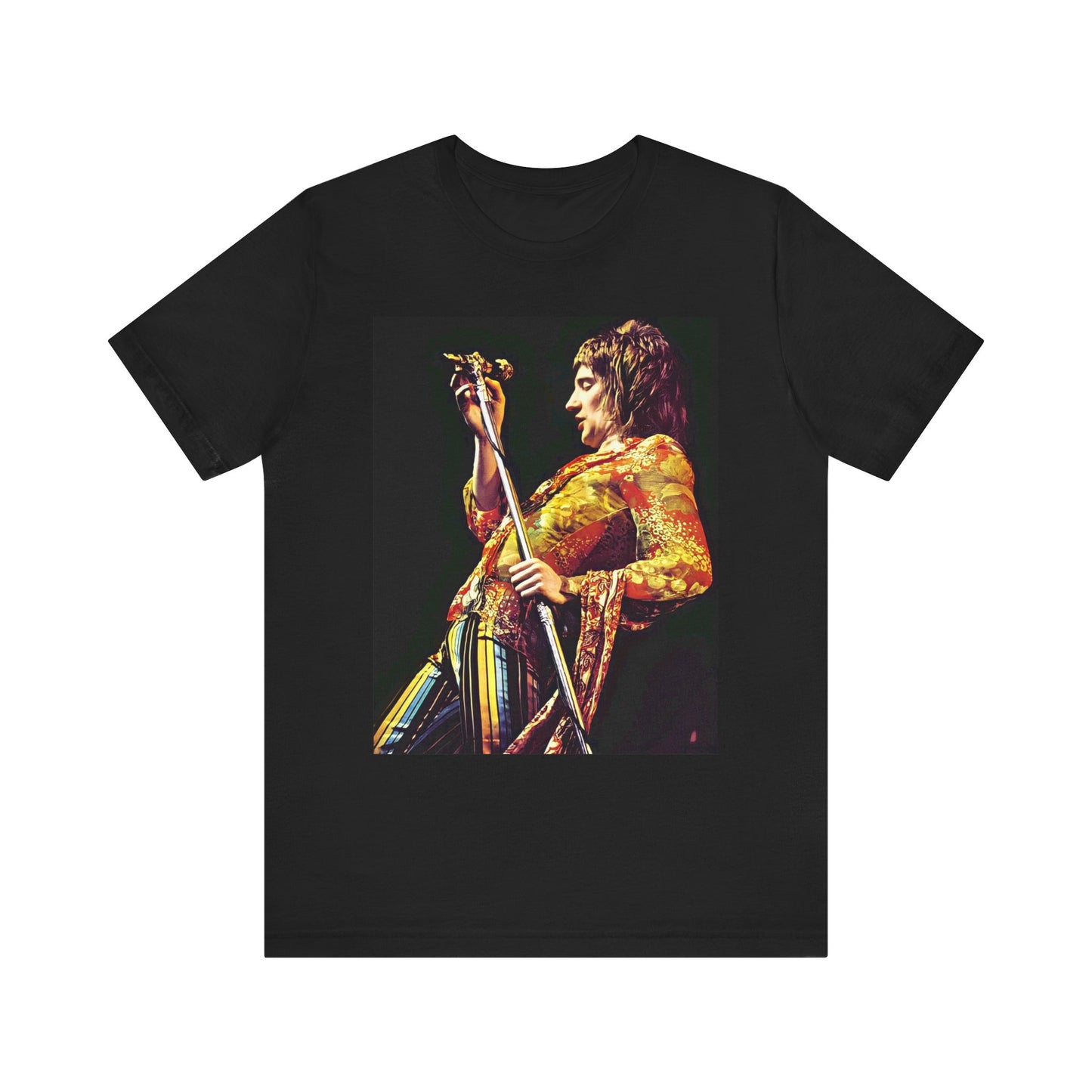 A black graphic t-shirt featuring a fierce graphic of Rod Stewart performing on stage from the 70s.