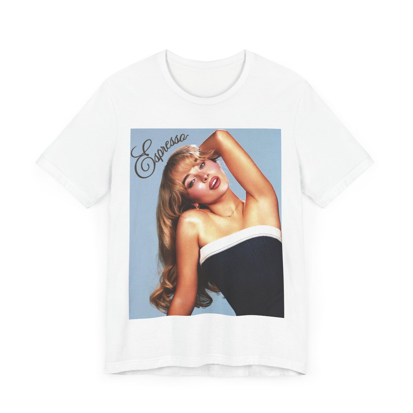 A black graphic t-shirt featuring a graphic related to Sabrina Carpenter's 'Espresso' song.
