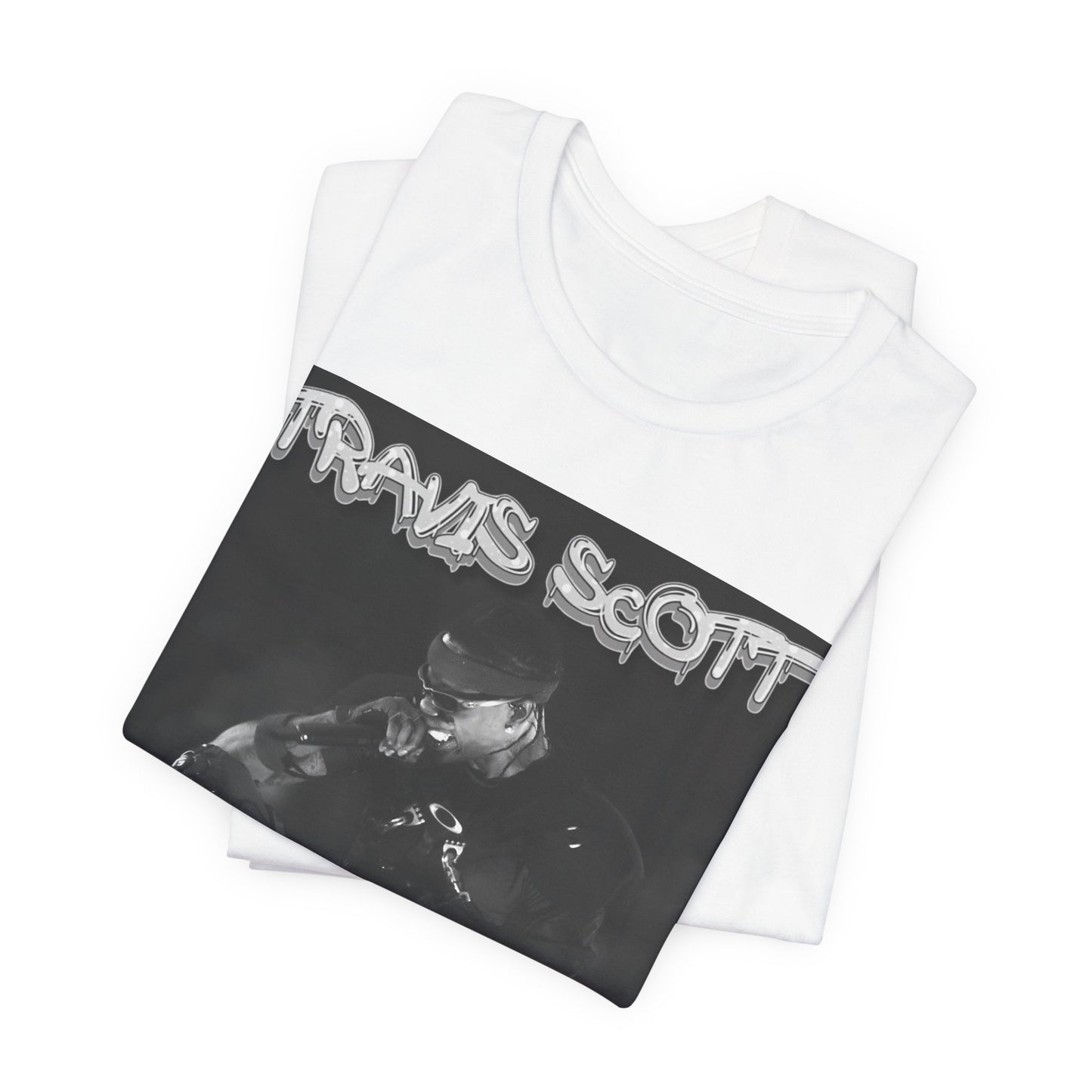 A black graphic t-shirt featuring a casual rap fan graphic of Travis Scott.