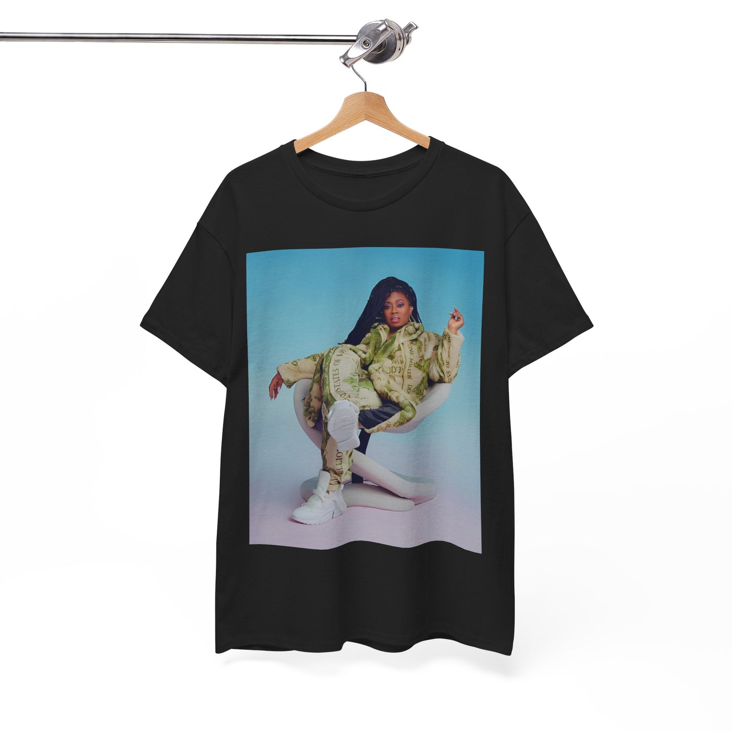 A black graphic t-shirt featuring a vintage graphic related to Missy Elliott's 'Work It' song or era.