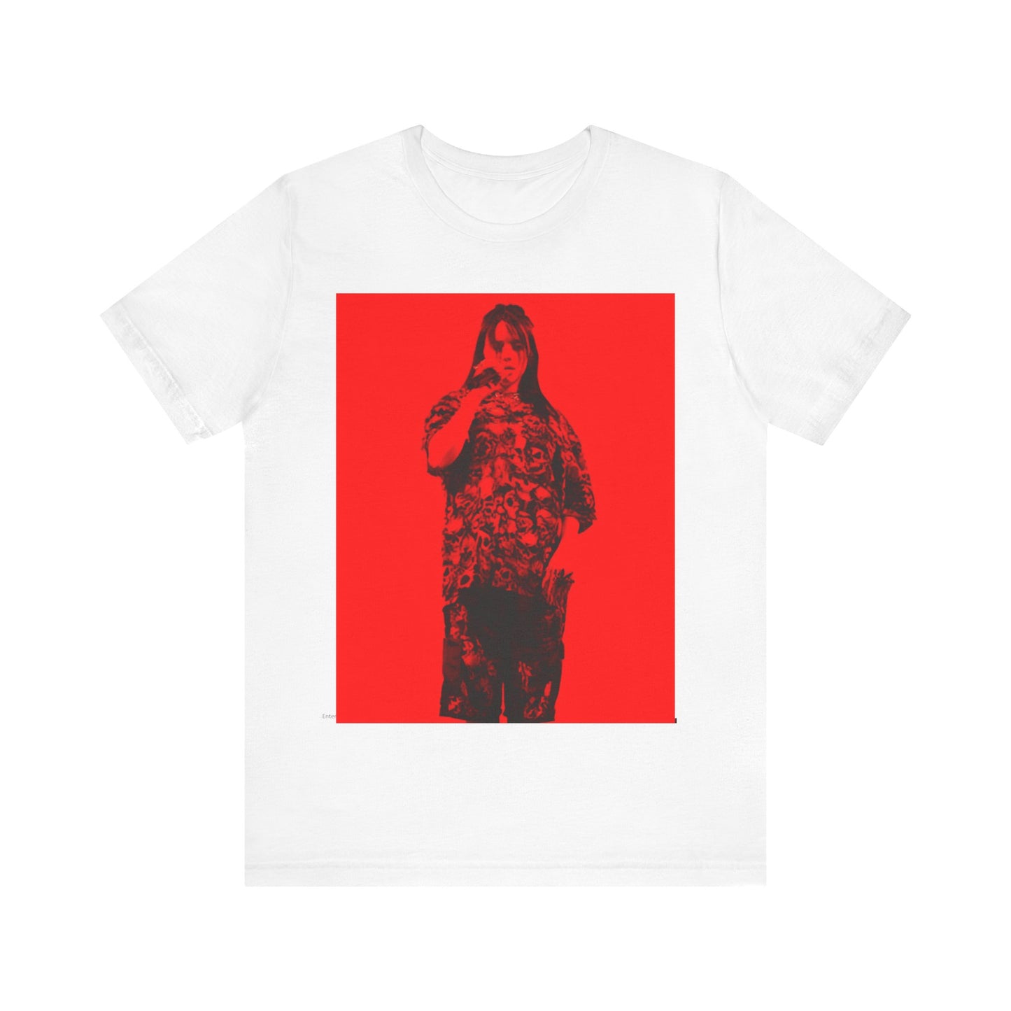 A portrait of Billie Eilish with platinum blonde hair from her 'Happier Than Ever' era, looking over her shoulder, printed on a graphic t-shirt.