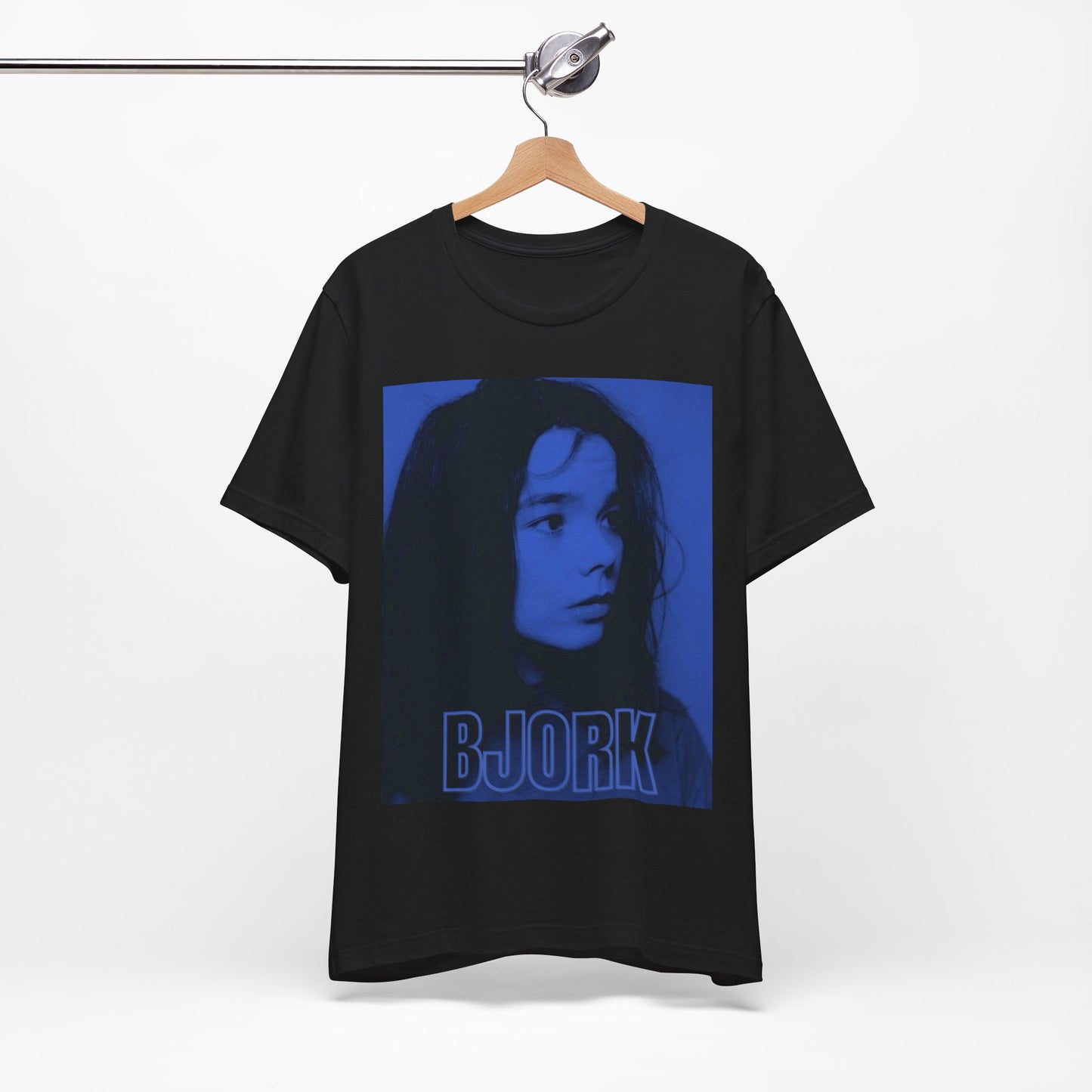 A black graphic t-shirt featuring a modern, avant-garde graphic of Bjork, possibly with abstract or futuristic elements.
