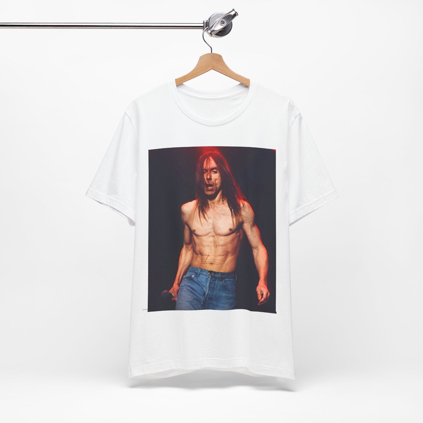 A black graphic t-shirt featuring a graphic related to Iggy Pop's 'Raw Power' era.