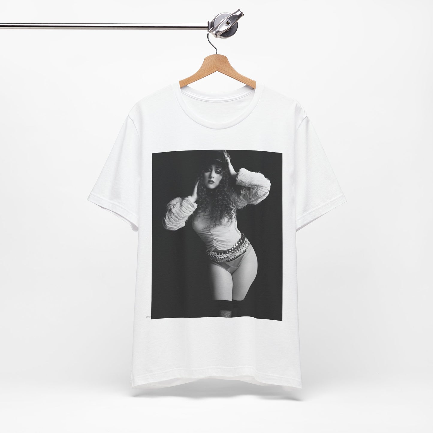 A black graphic t-shirt featuring a black and white, monochrome graphic or portrait of Chappell Roan.