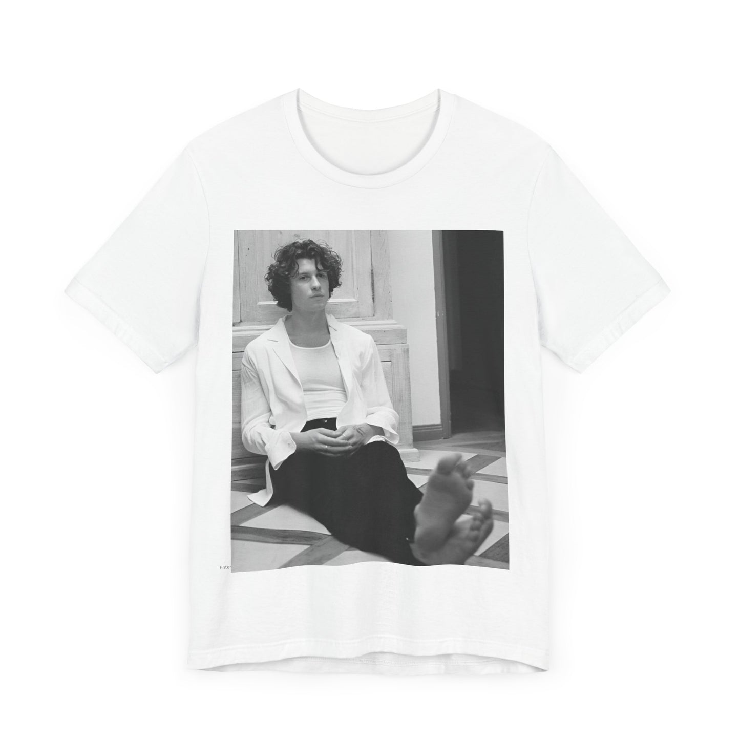 A black graphic t-shirt featuring a vintage casual style graphic of Shawn Mendes.