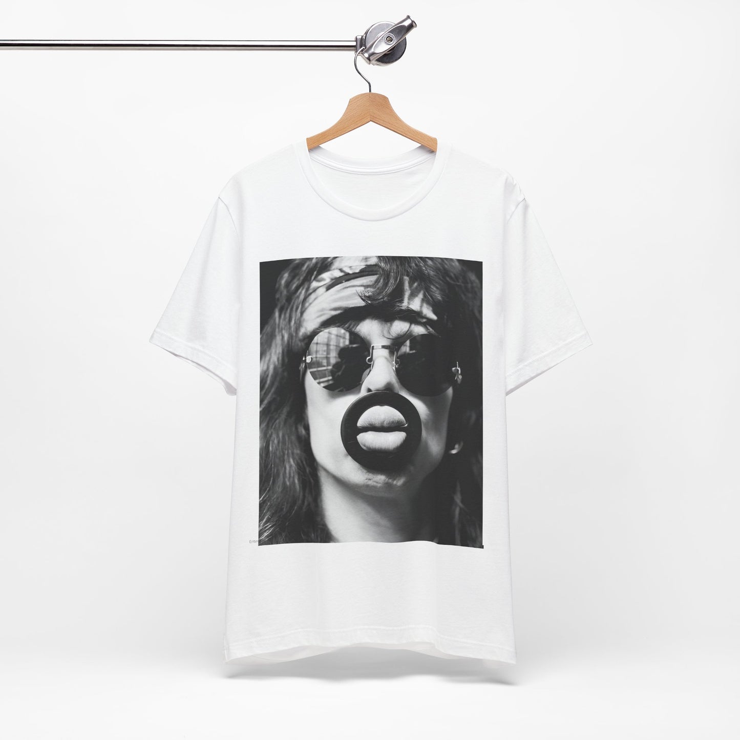 A black graphic t-shirt featuring a retro-style band photo of Aerosmith from the 1970s, showing the members in their iconic early looks.