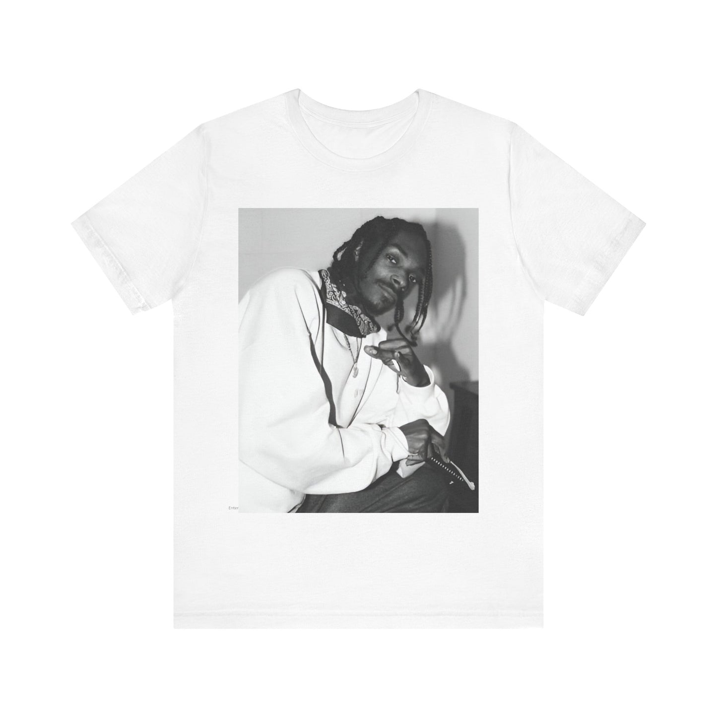 A black graphic t-shirt featuring a black and white hip hop graphic or photo of Snoop Dogg.