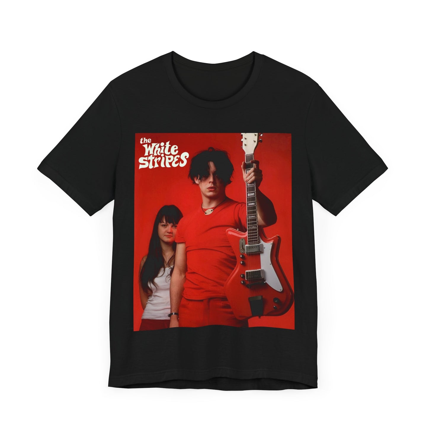 A black graphic t-shirt featuring a vintage garage rock graphic of The White Stripes.