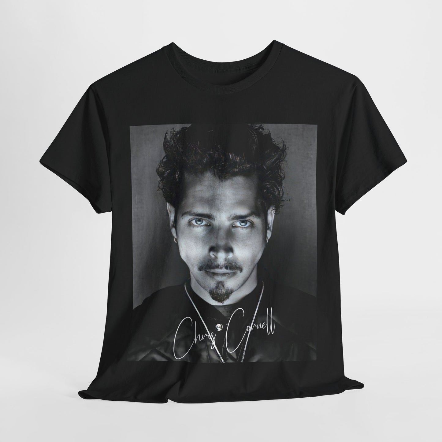 A black graphic t-shirt featuring a retro graphic inspired by Soundgarden's 'Black Hole Sun' and Chris Cornell.