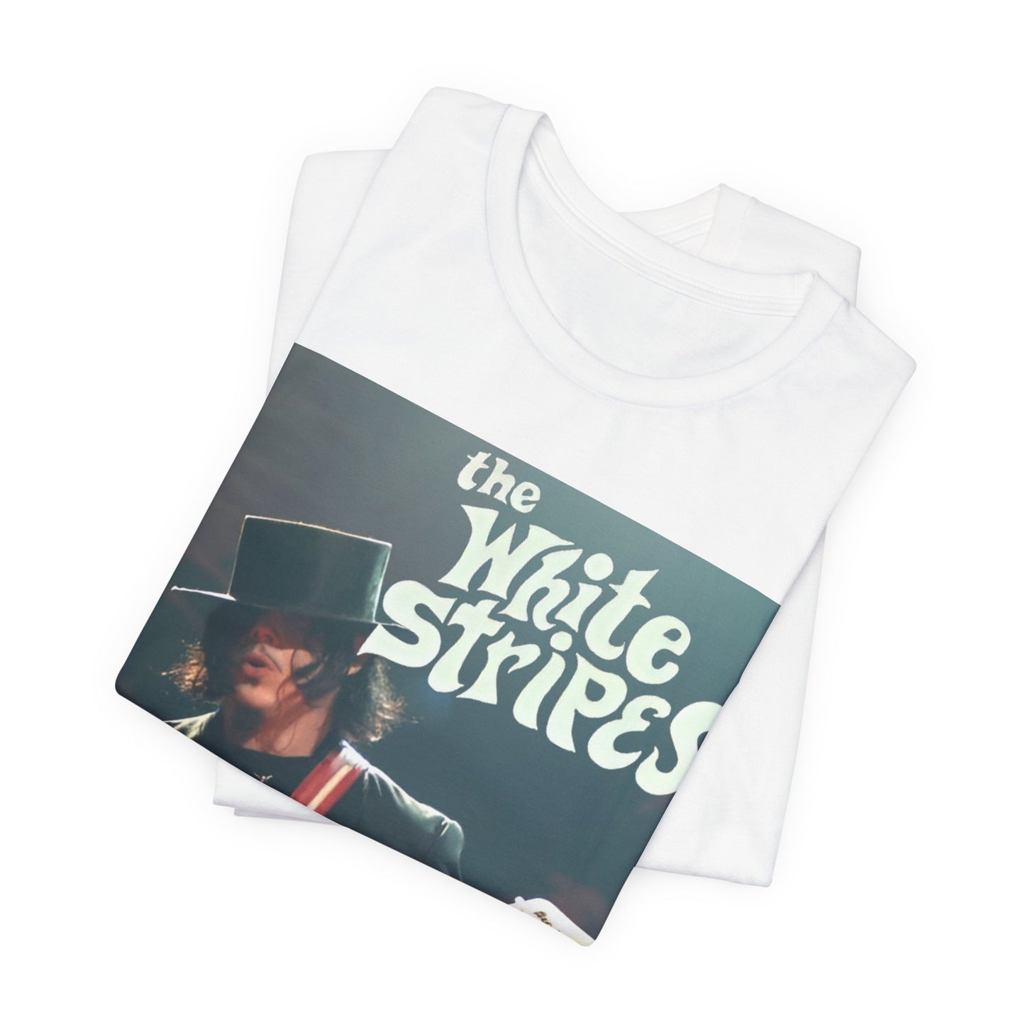 A black graphic t-shirt featuring a graphic of Jack White from The White Stripes as a guitar god.