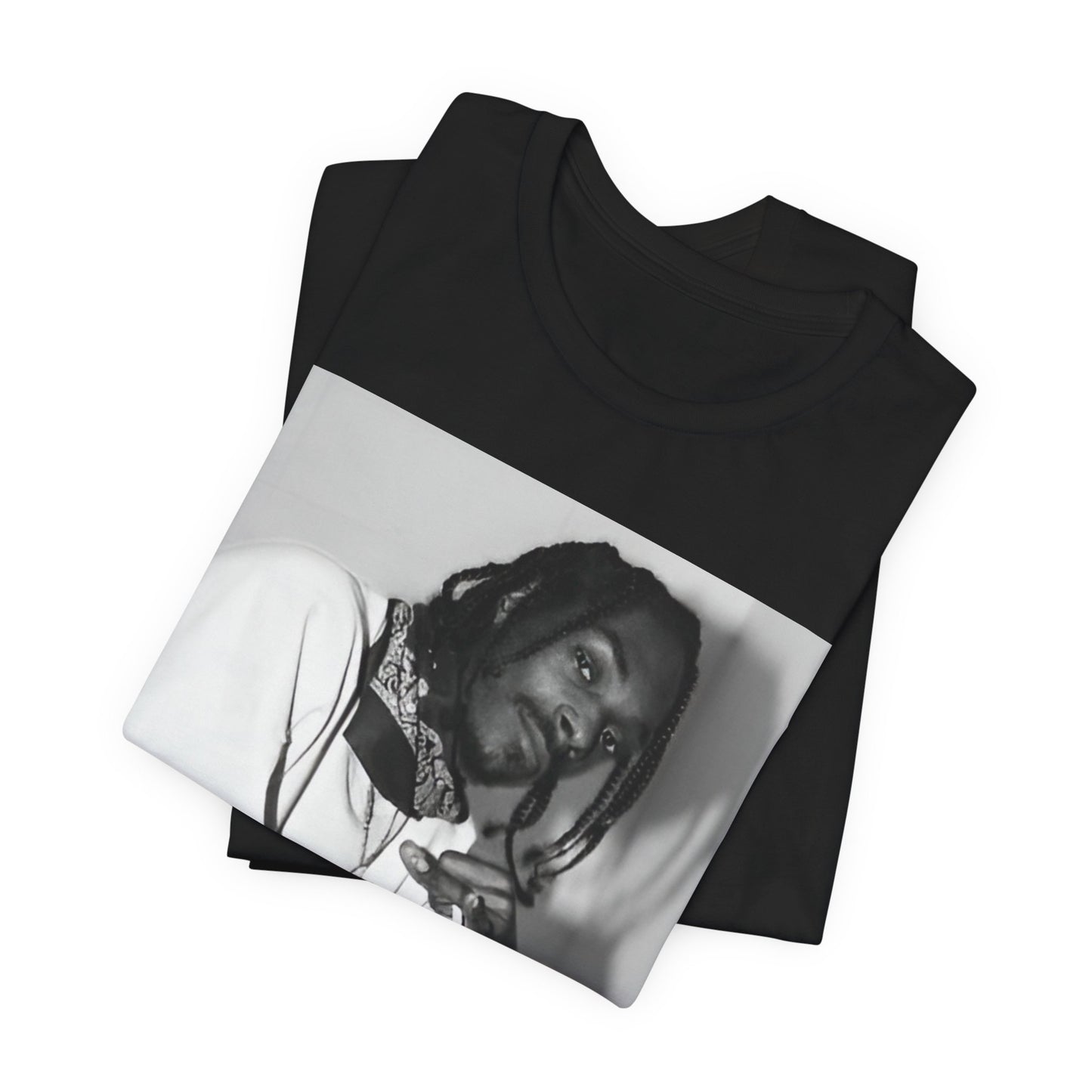 A black graphic t-shirt featuring a black and white hip hop graphic or photo of Snoop Dogg.