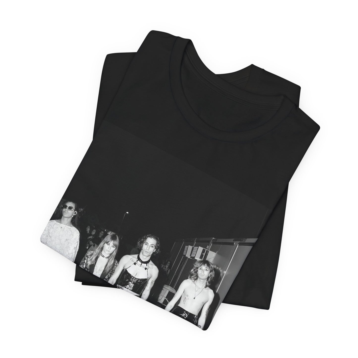 A black graphic t-shirt featuring a black and white, monochrome graphic or photo of Maneskin.