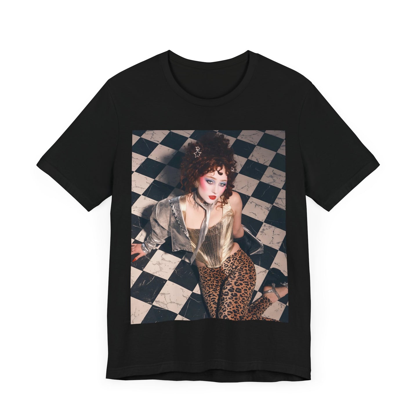 A black graphic t-shirt featuring a graphic of Chappell Roan, evoking "Naked in Manhattan" vibes.