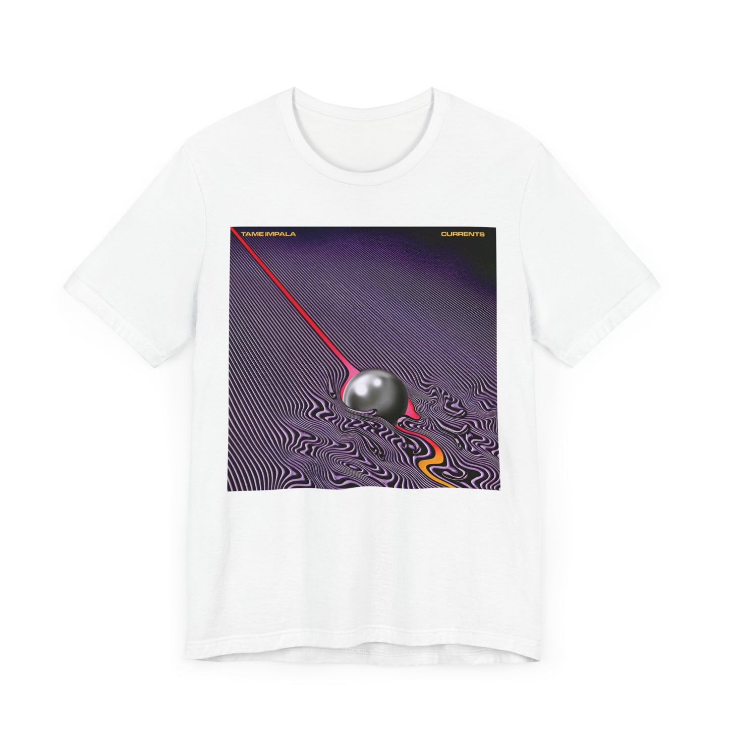 A black graphic t-shirt featuring a graphic related to Tame Impala's 'Currents' album.