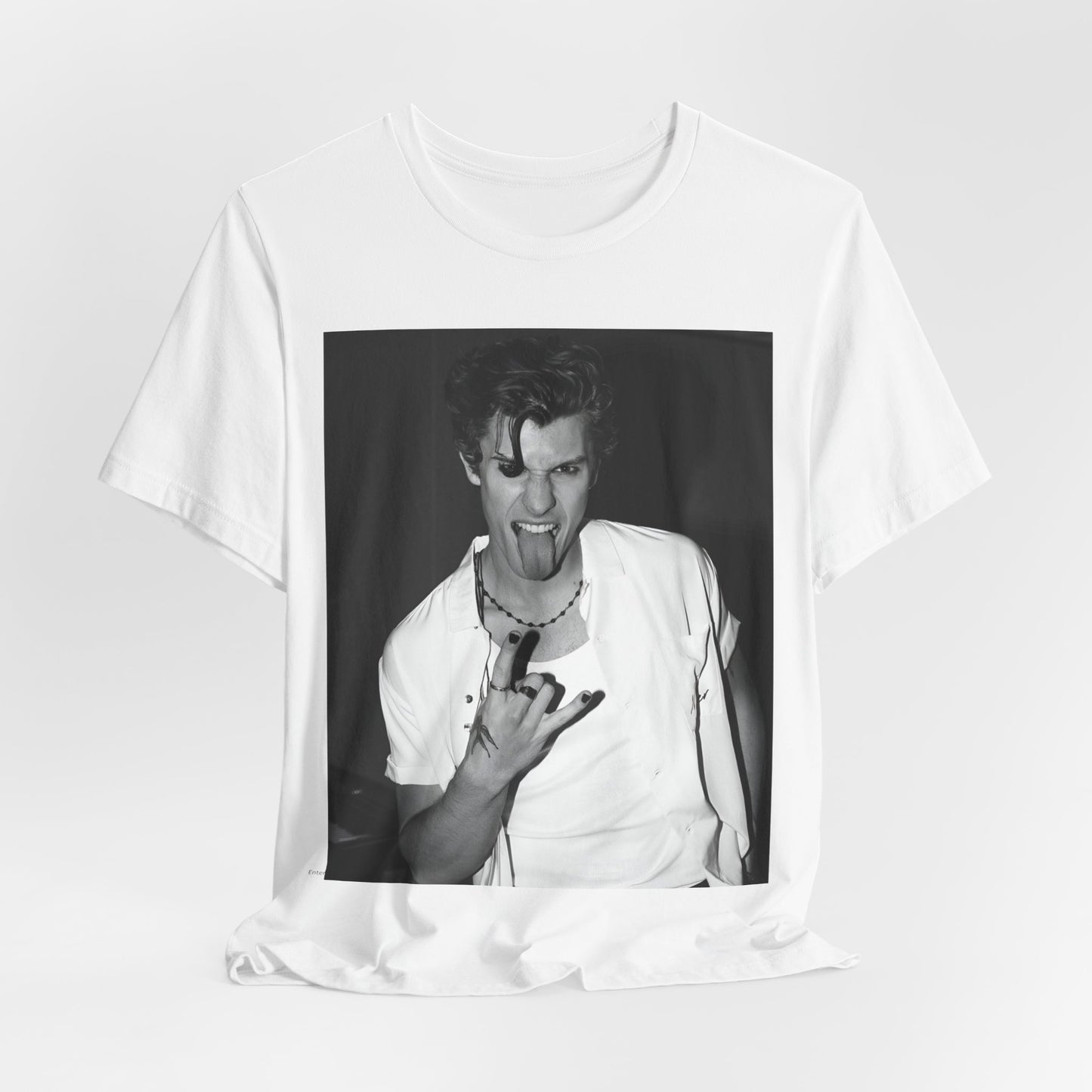 A black graphic t-shirt featuring a casual black and white fan graphic of Shawn Mendes.