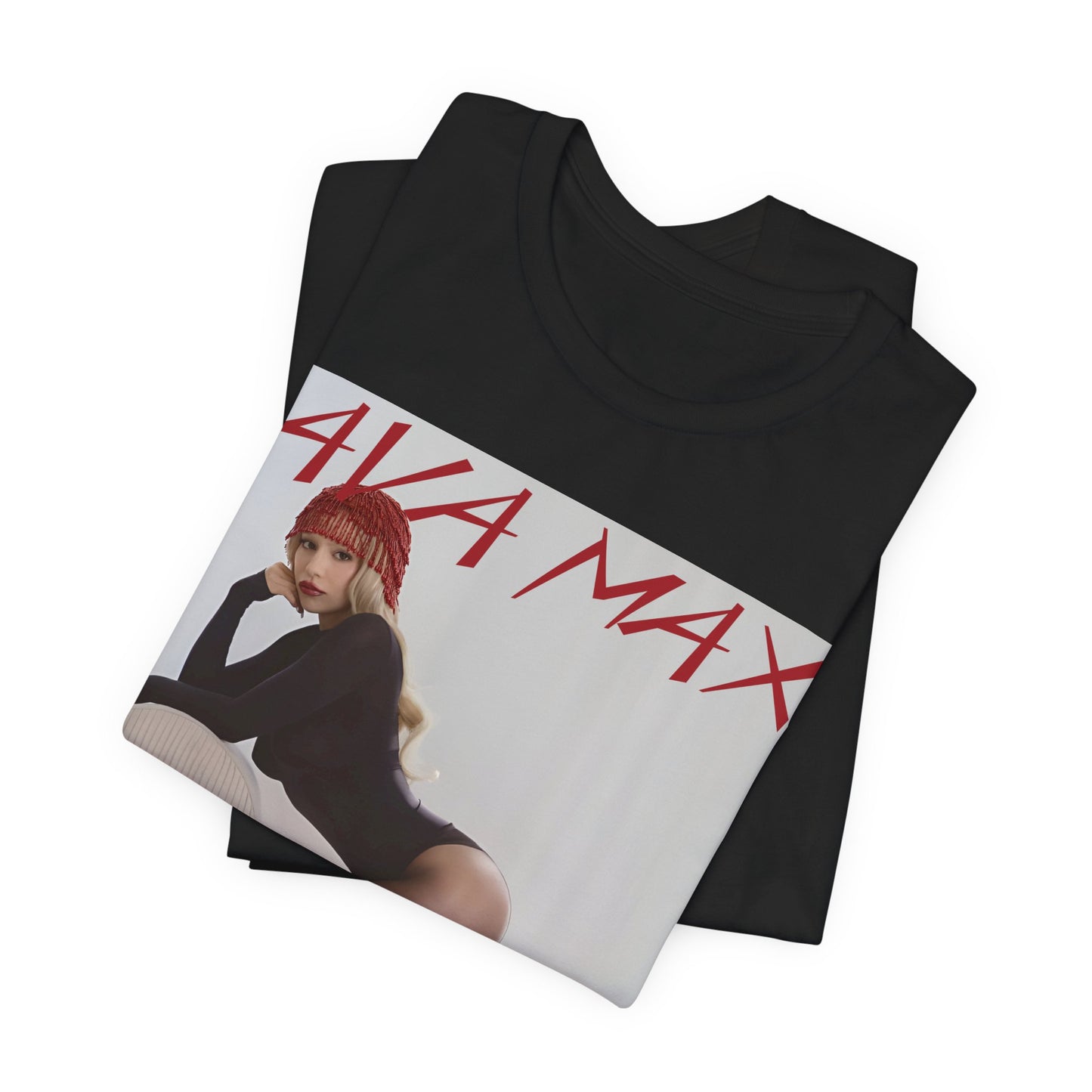 A black graphic t-shirt featuring an artistic or aesthetic graphic of Ava Max.