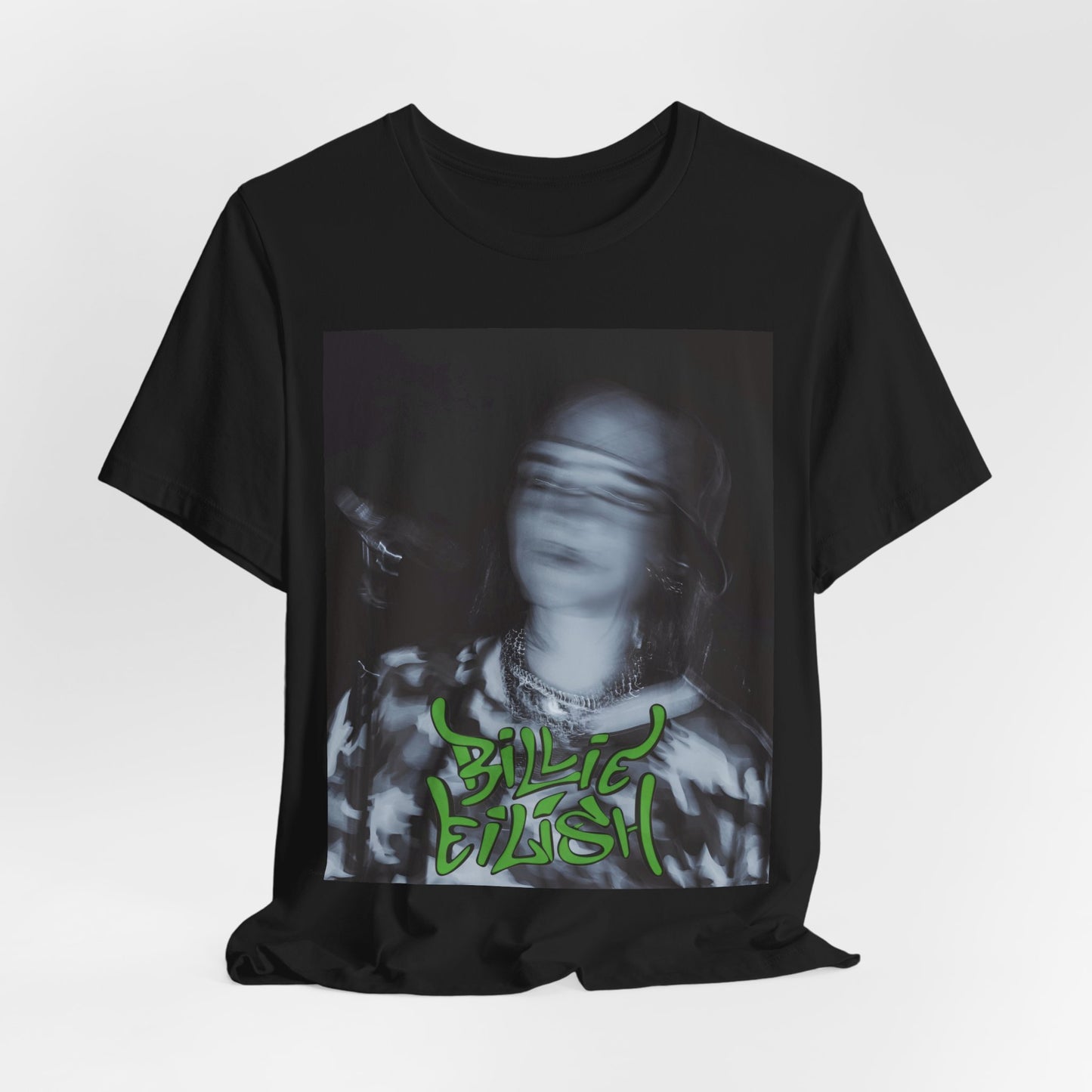 A photo of Billie Eilish in a classic 'anti-popstar' pose, with a bored expression and slouchy streetwear, printed on a graphic t-shirt.