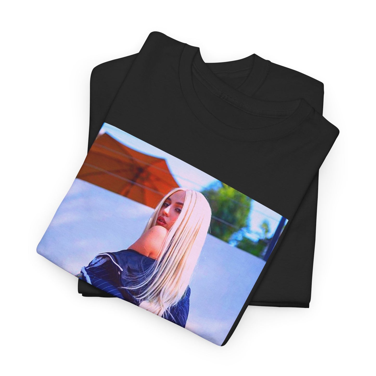 A black graphic t-shirt featuring a photo of Ava Max in a stylish pose, showcasing her elegance.