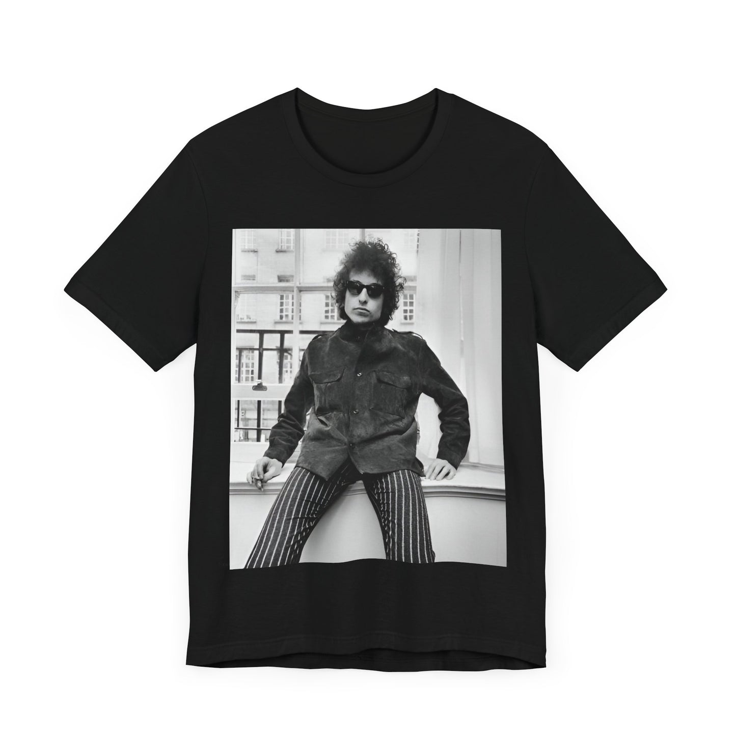 A black graphic t-shirt featuring a graphic related to Bob Dylan's 'Highway 61' era, possibly with album art elements or iconic imagery.