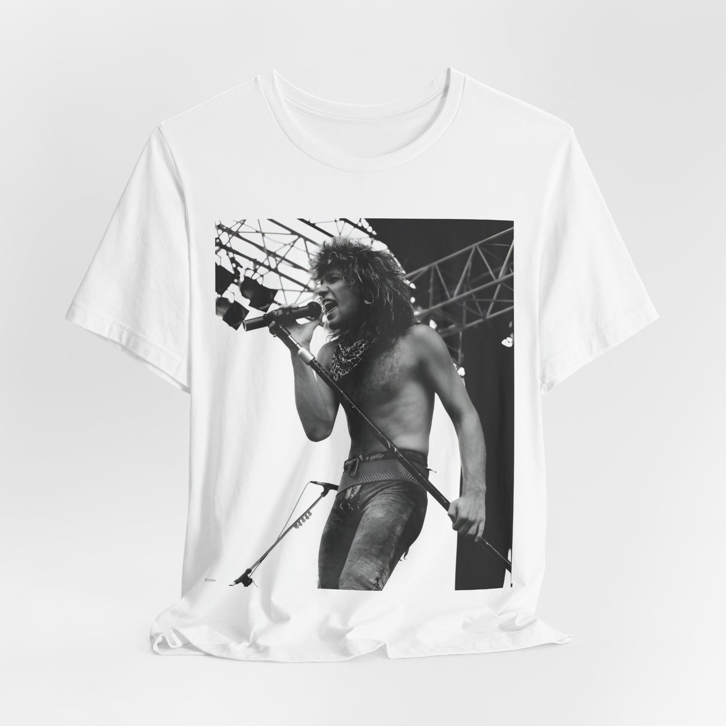 A black graphic t-shirt featuring a retro tour graphic for Bon Jovi's '88 tour.