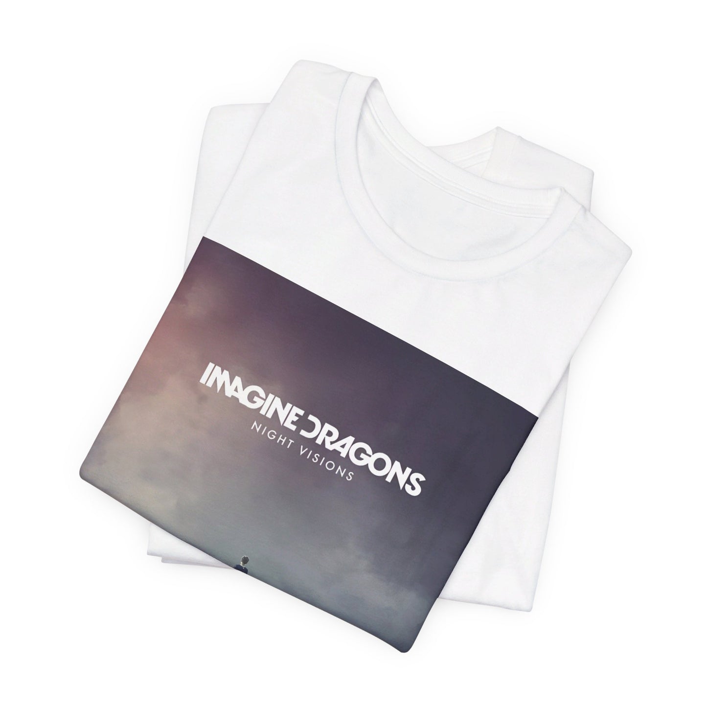 A black graphic t-shirt featuring a graphic related to Imagine Dragons' 'Night Visions' album.