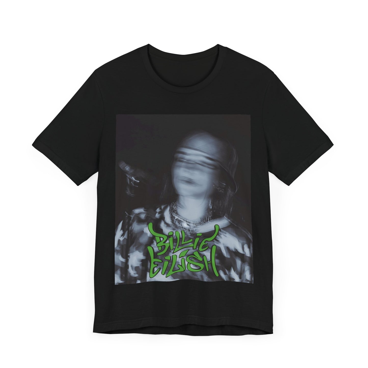 A photo of Billie Eilish in a classic 'anti-popstar' pose, with a bored expression and slouchy streetwear, printed on a graphic t-shirt.