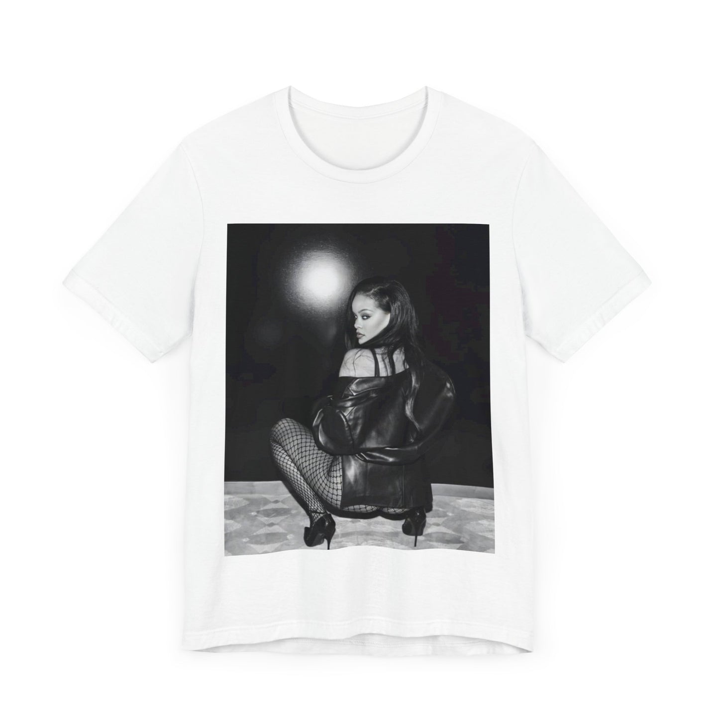 A black graphic t-shirt featuring a black and white sexy graphic of Rihanna.
