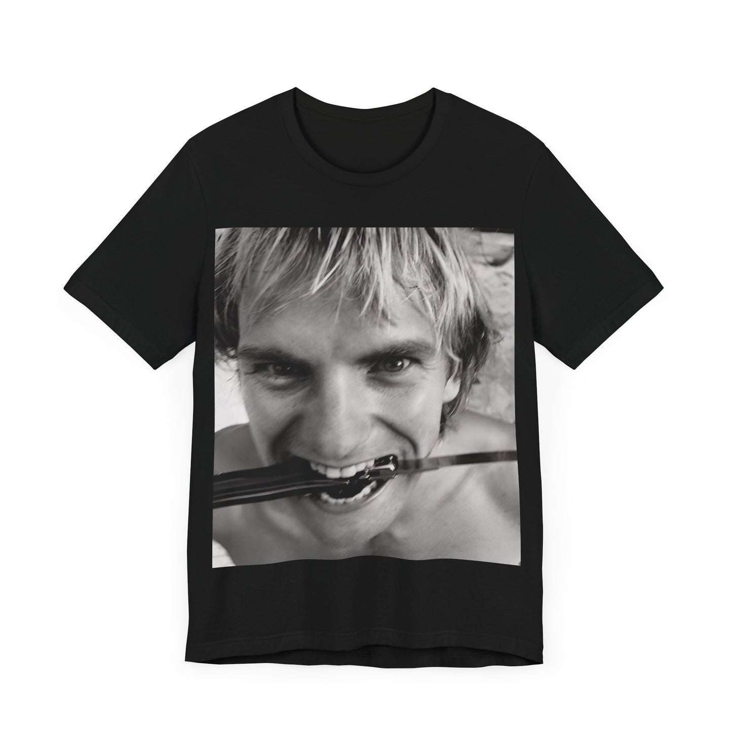 A black graphic t-shirt featuring a wild photo graphic of Sting.