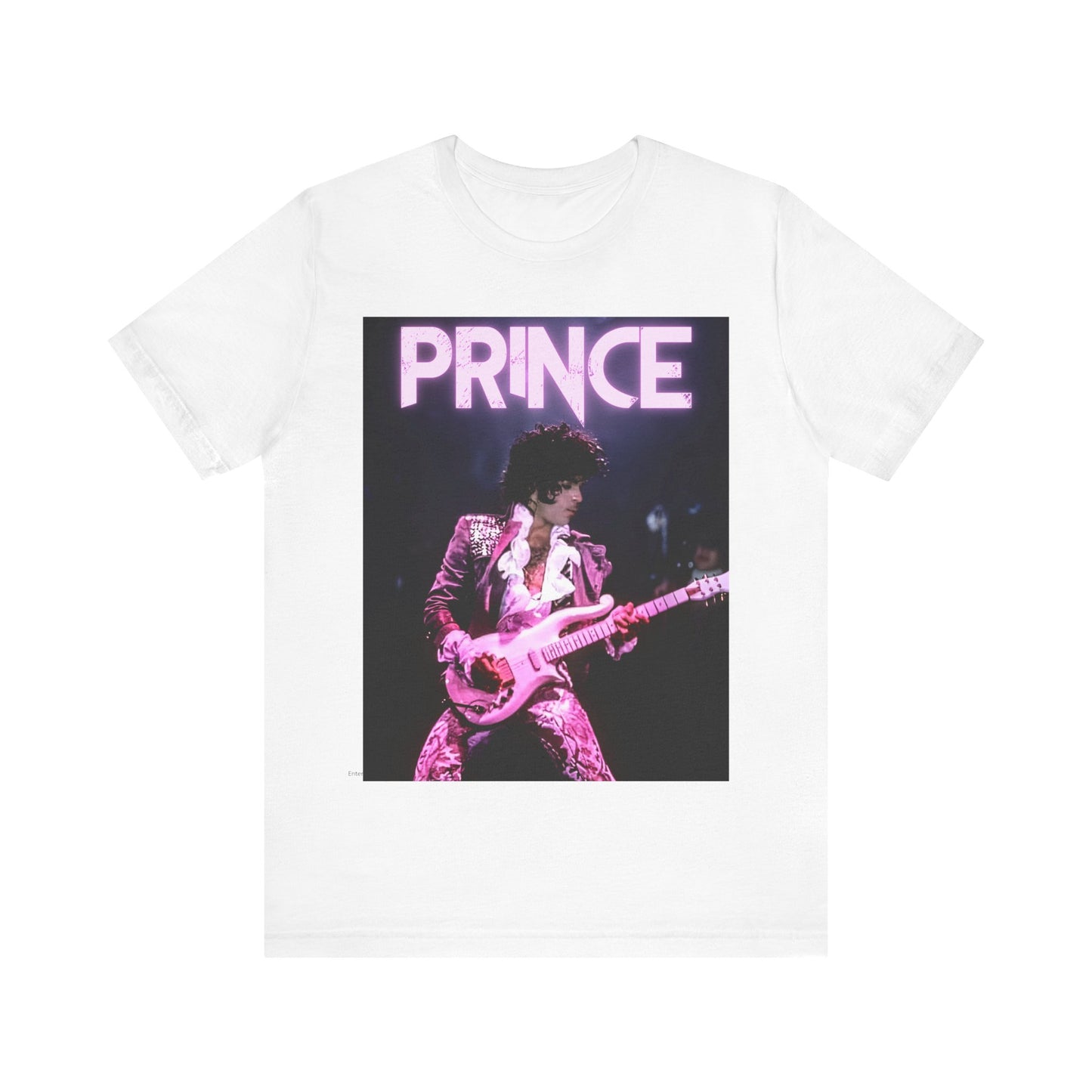 A black graphic t-shirt featuring an 80s pop genius graphic of Prince.